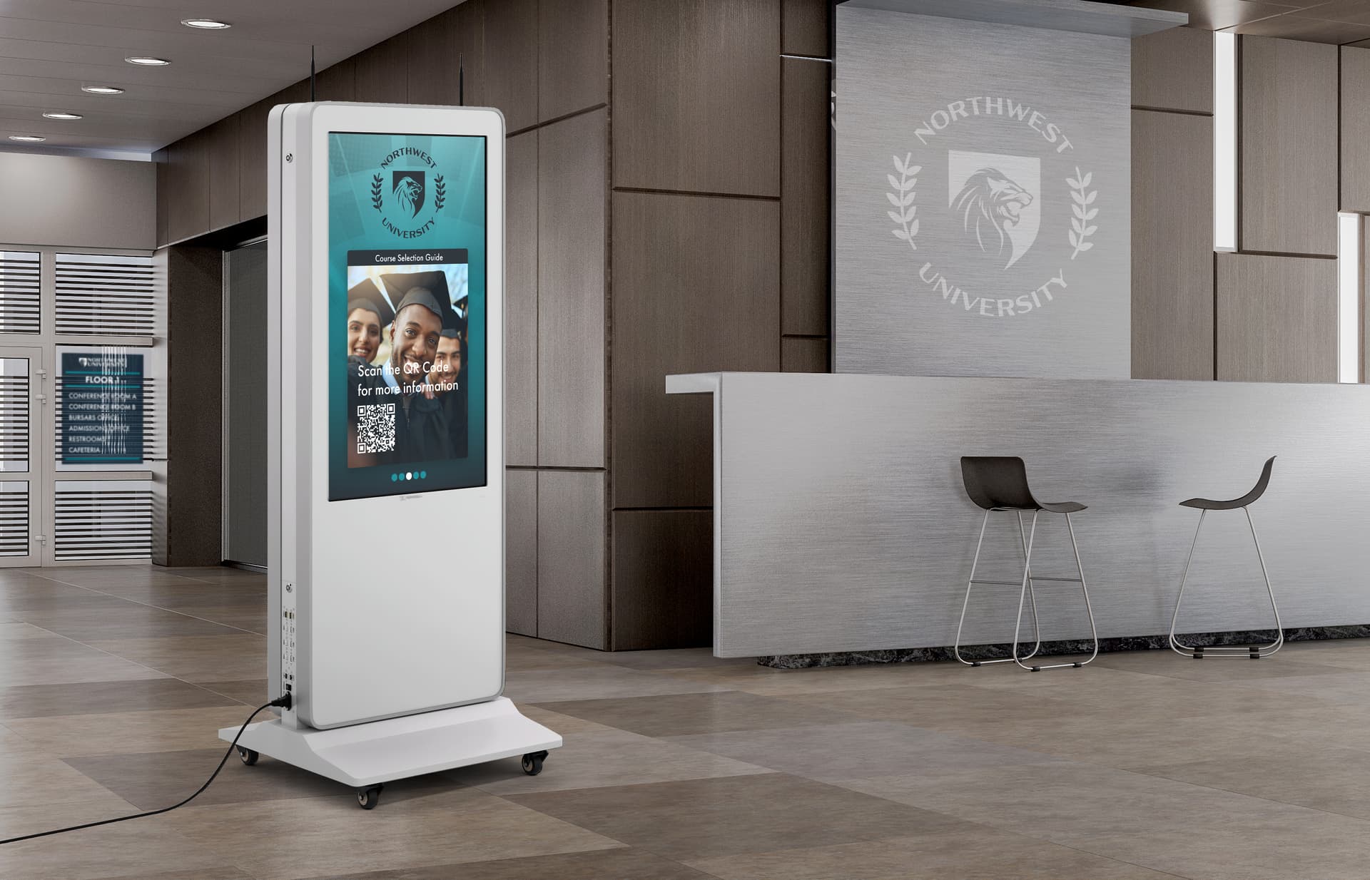 Double-sided digital vertical touchscreen kiosk with being showcased in a college facility