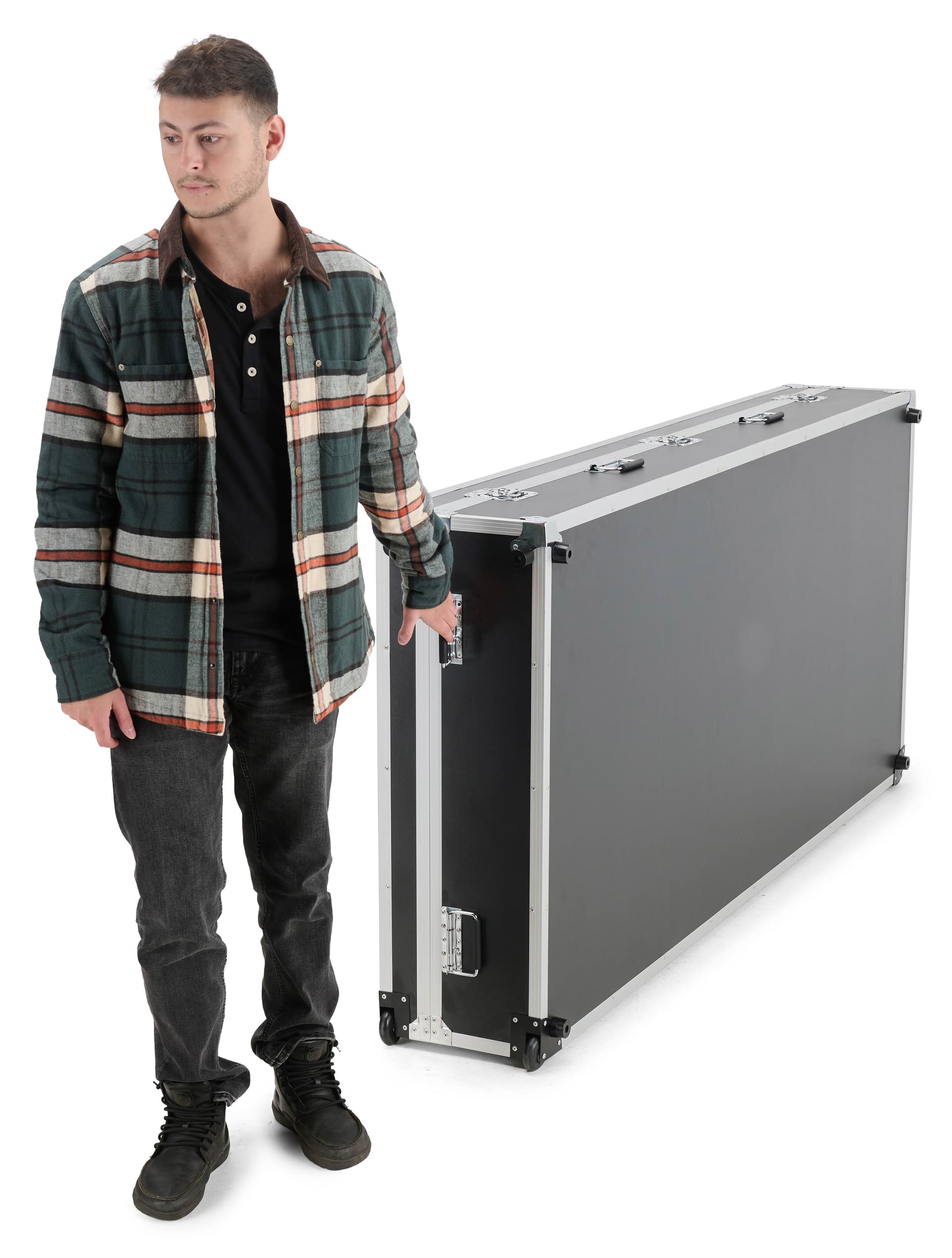 Storage case for floor standing digital signage with 3 heavy duty spring loaded handles