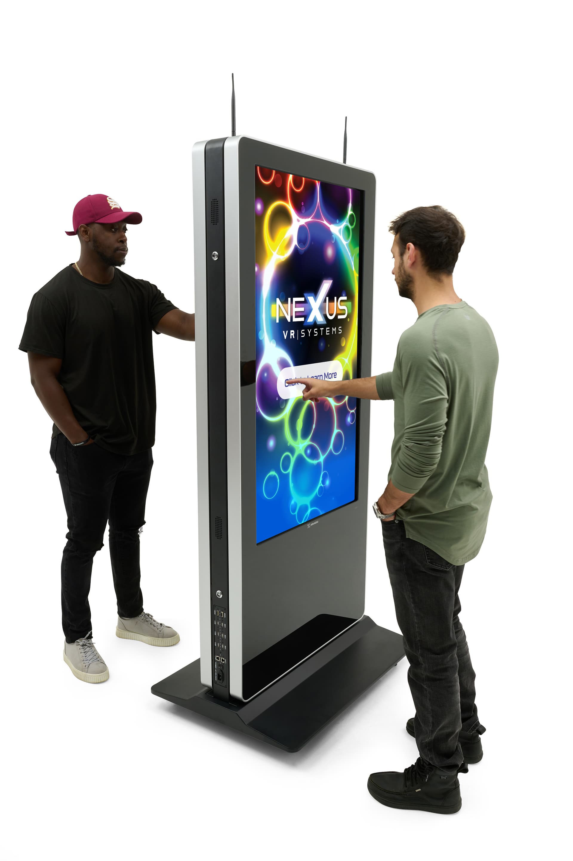 Double-sided digital vertical touchscreen kiosk with black colorway