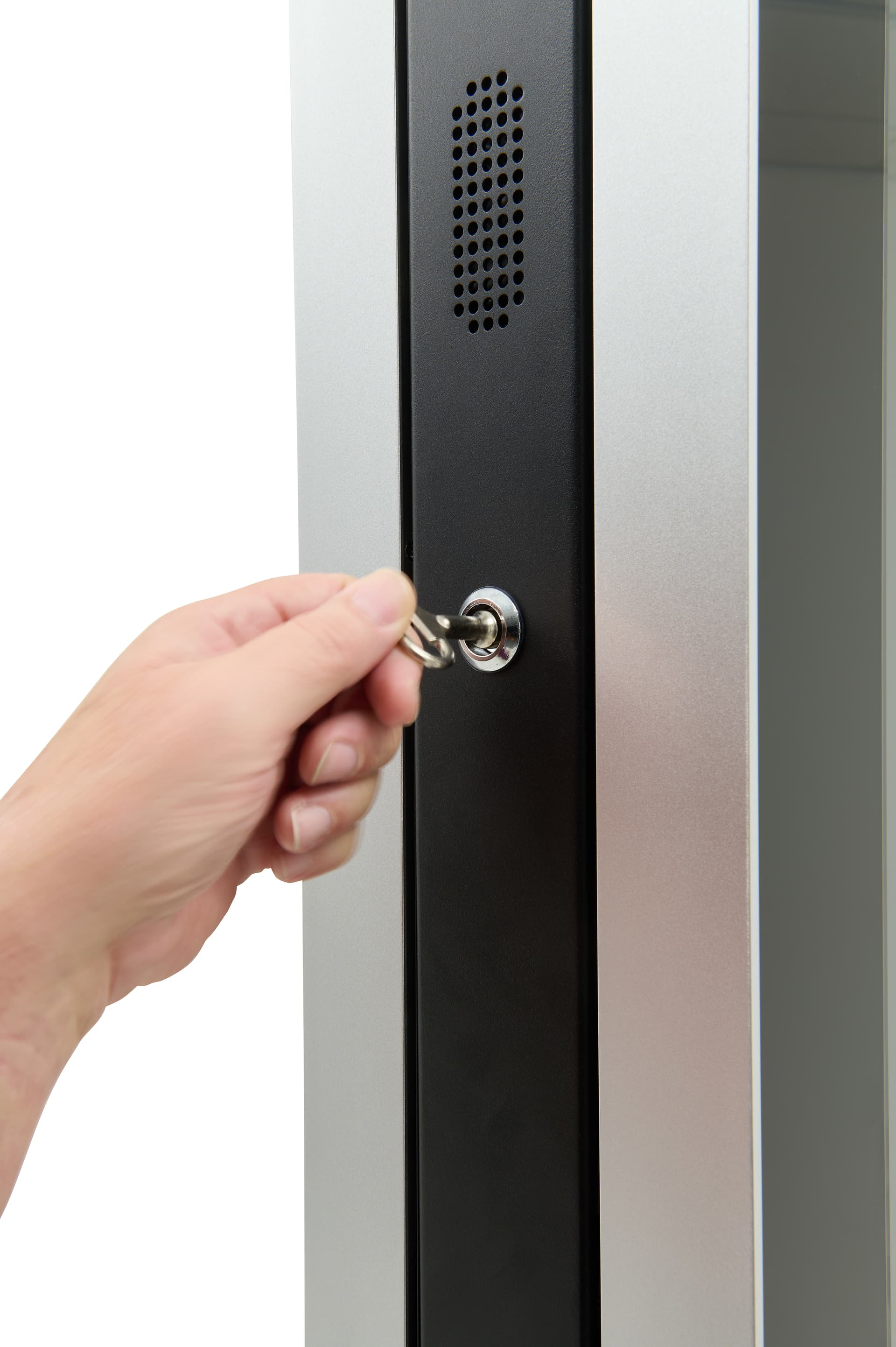 Double-sided digital vertical touchscreen kiosk with access to back panel