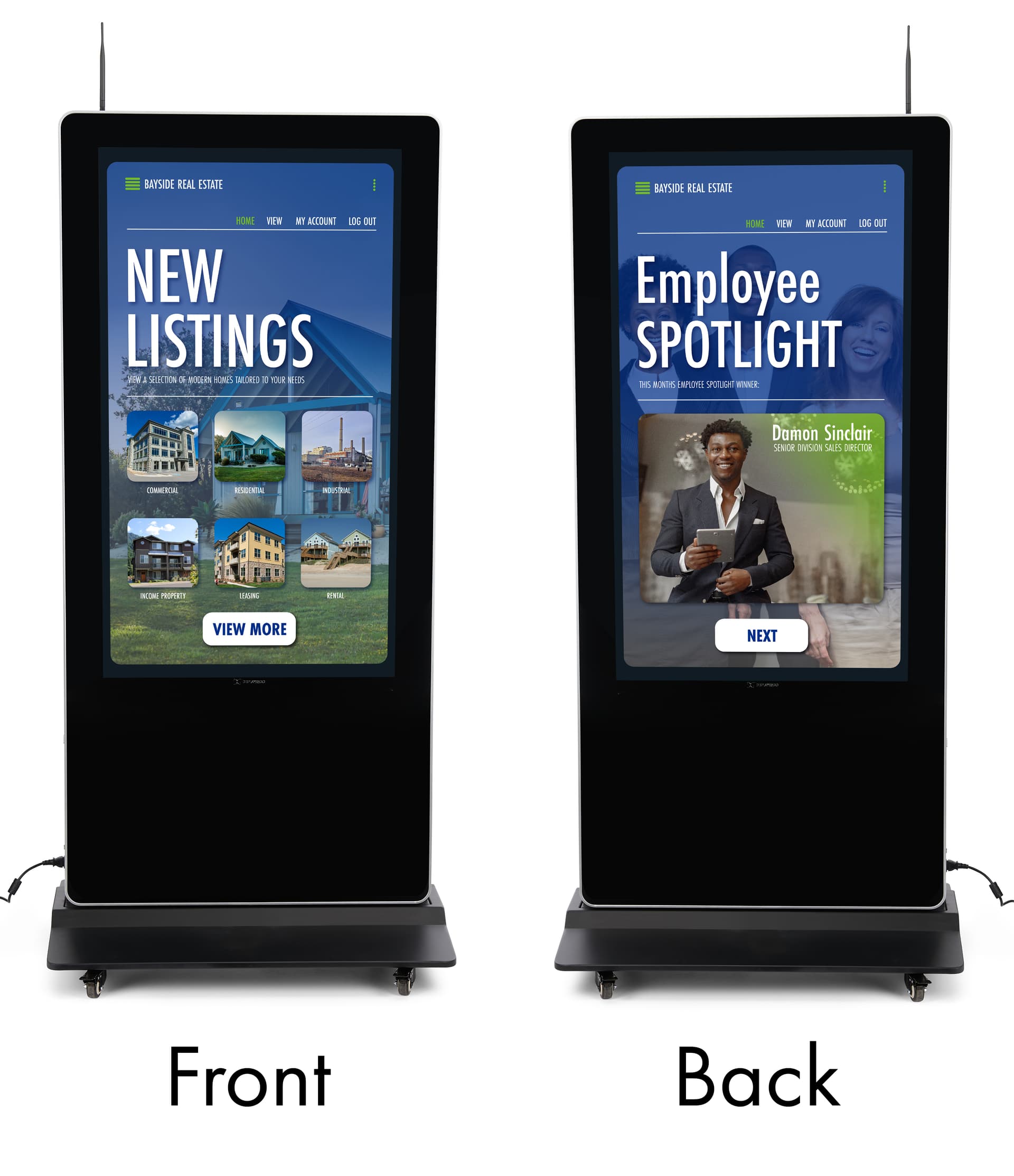 Double-sided digital vertical touchscreen kiosk with examples of front and back unit displaying custom Wallboard made content for real estate agency
