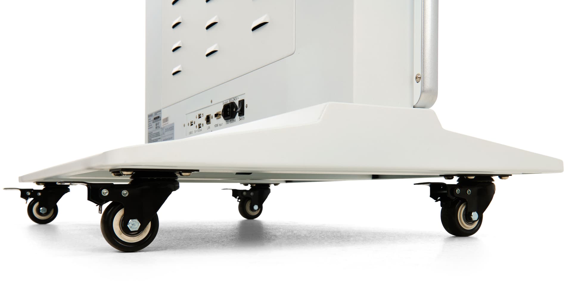 Close Up of Locking Caster Wheels on Advertising Multimedia Kiosk