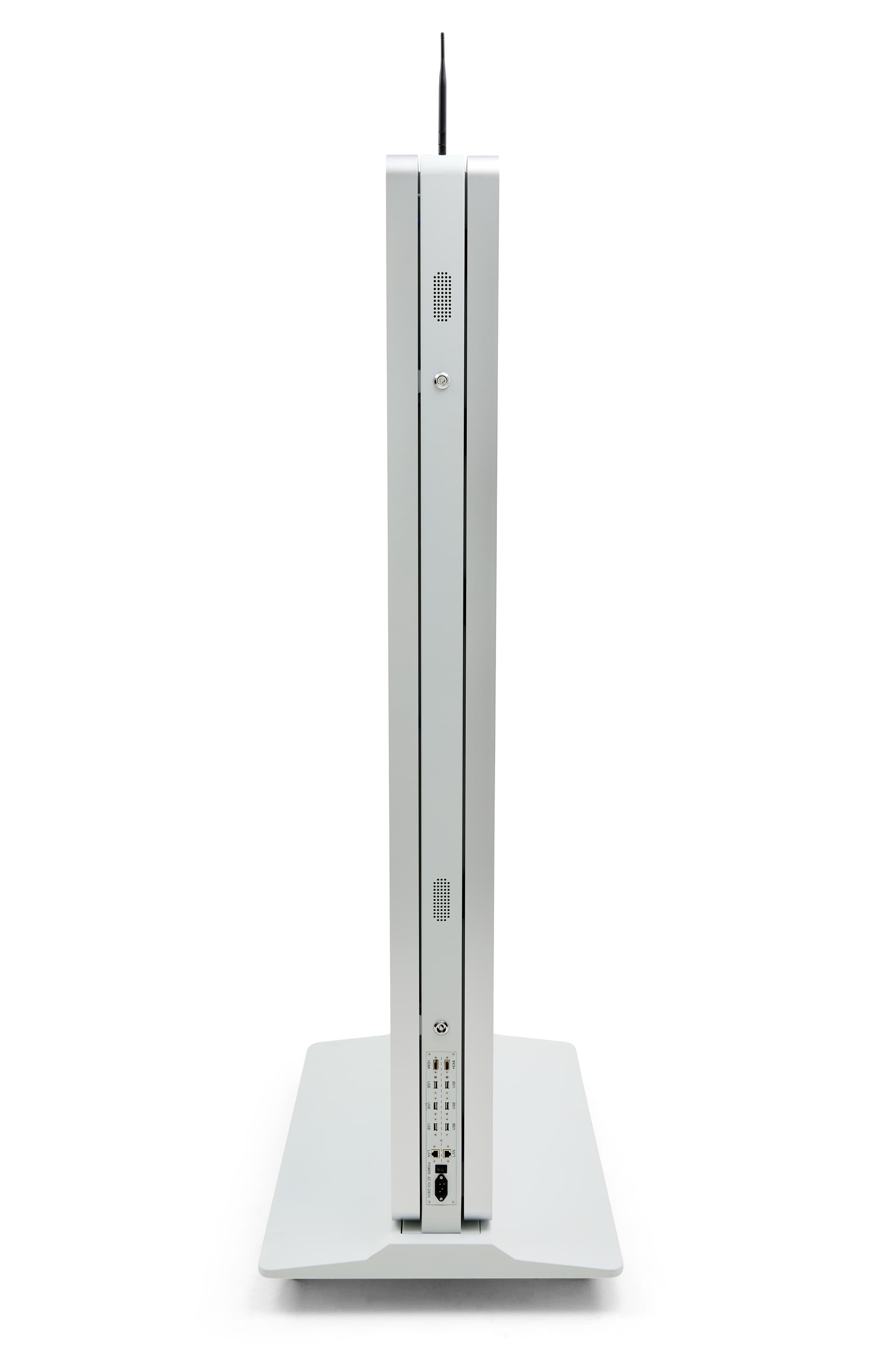 Double-sided digital vertical touchscreen kiosk with white colorway