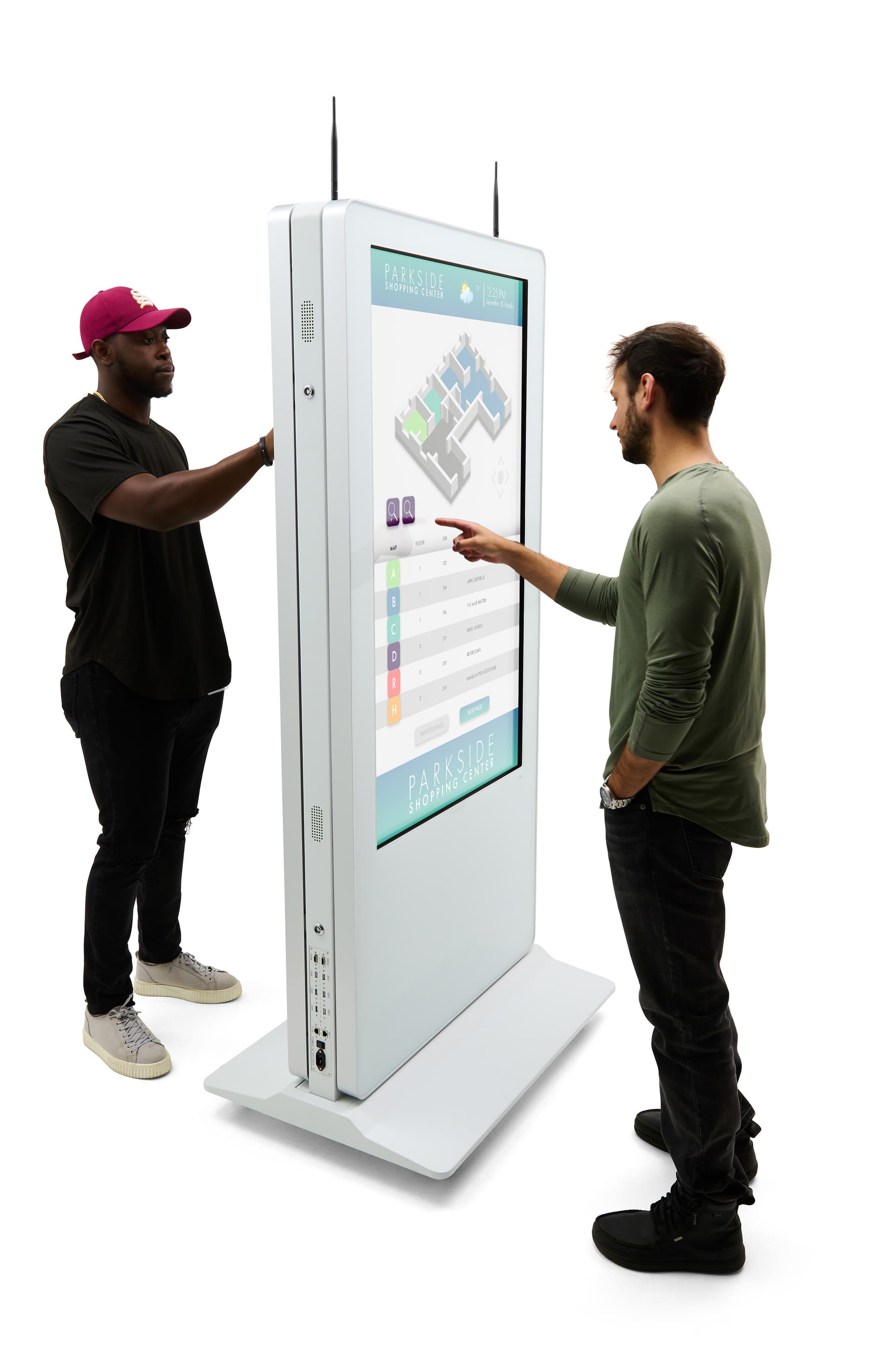 Double-sided digital vertical touchscreen kiosk with 20pt IR dual displays