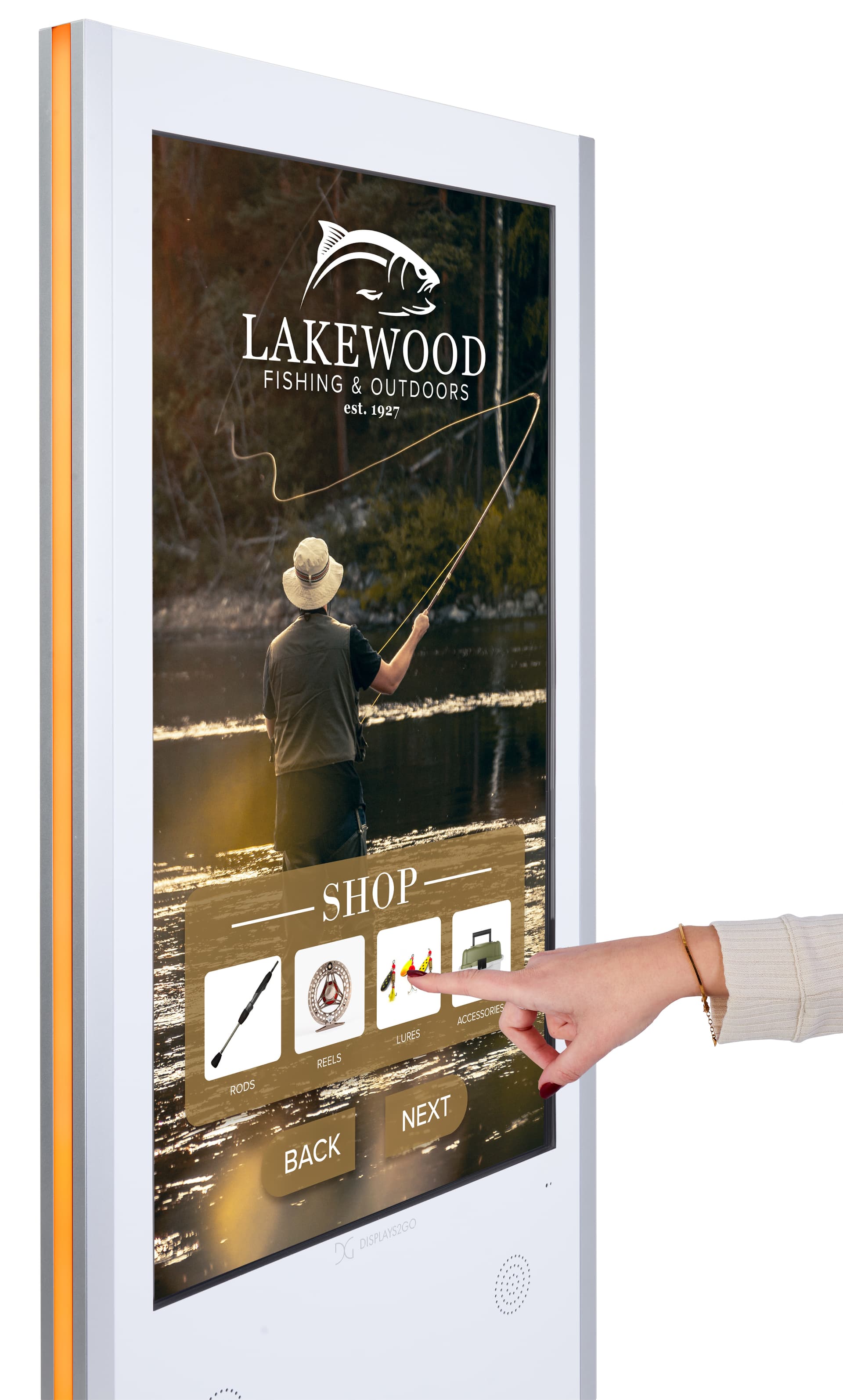 Interactive Digital Display with a close up on a customer interacting with the touch screen capabilities of this unit