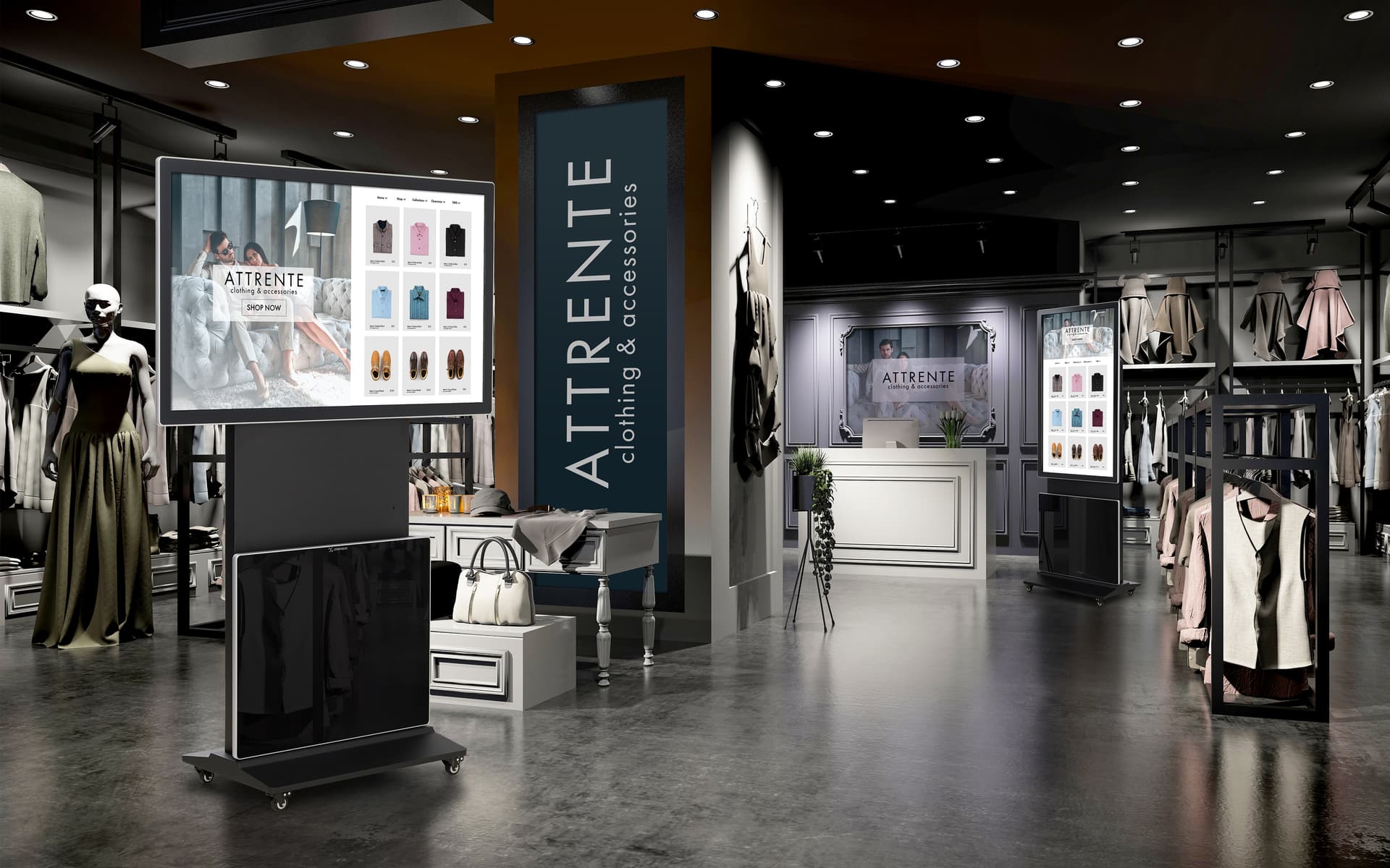 Rotating touch screen digital signage being used in a retail store setting in both horizontally and vertically with the company's website for an endless aisle effect