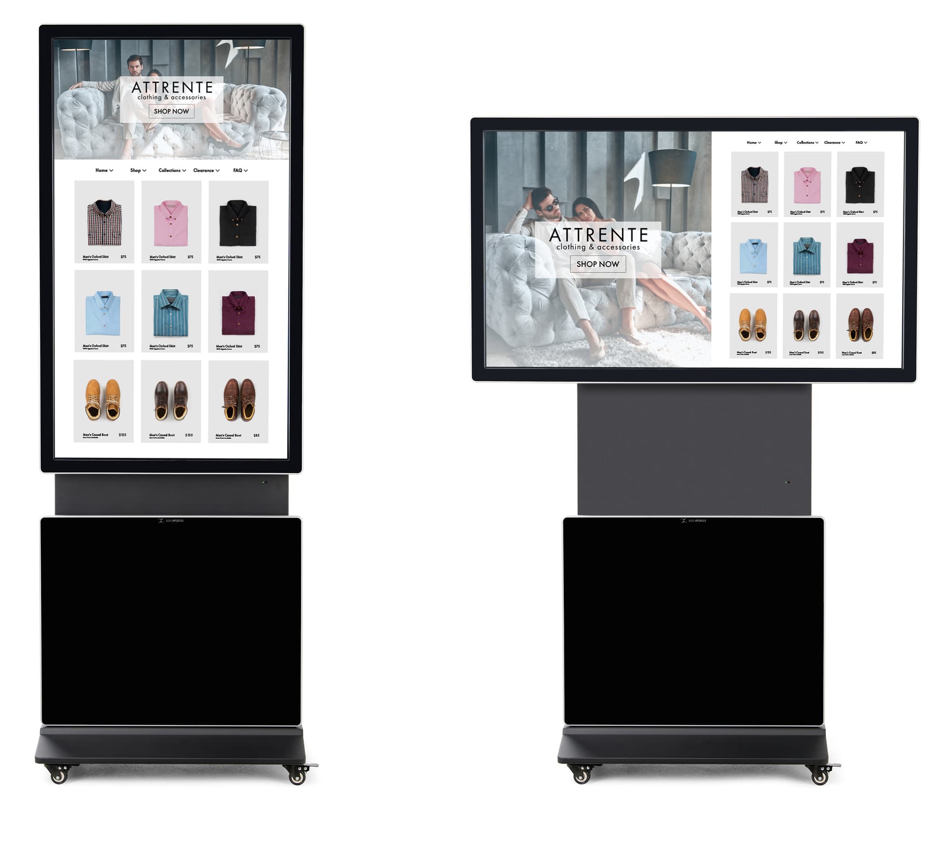 Rotating touch screen digital signage showcasing the unit in portrait orientation showing a retail clothing stores website in vivid 1920 x 1080 resolution