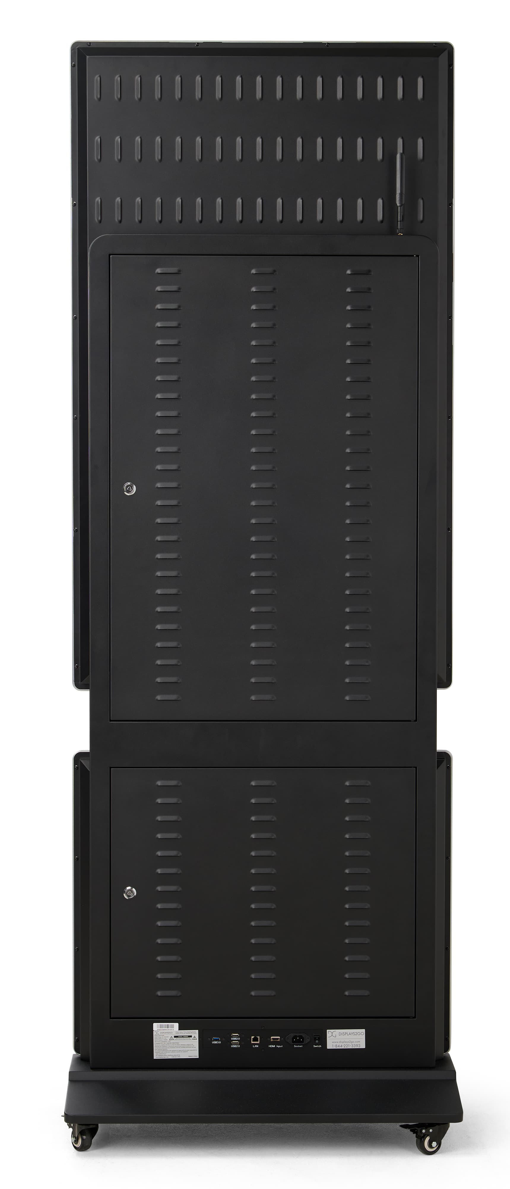Rotating touch screen digital signage showcasing the back of the unit where the ports and access panel are located in order to flip the orientation of the display