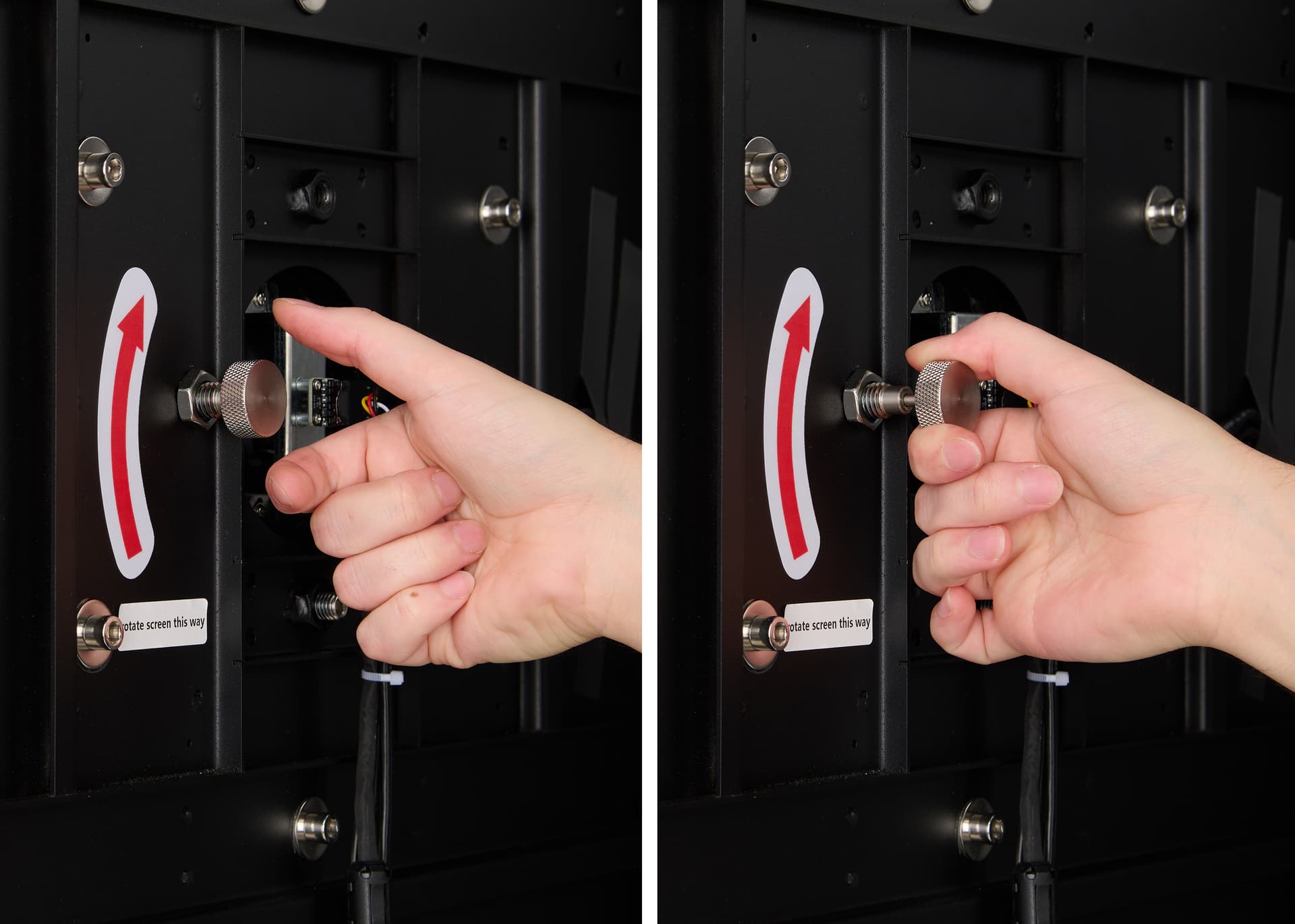 Rotating touch screen digital signage rotates simply by pulling the lever inside the lockable access door