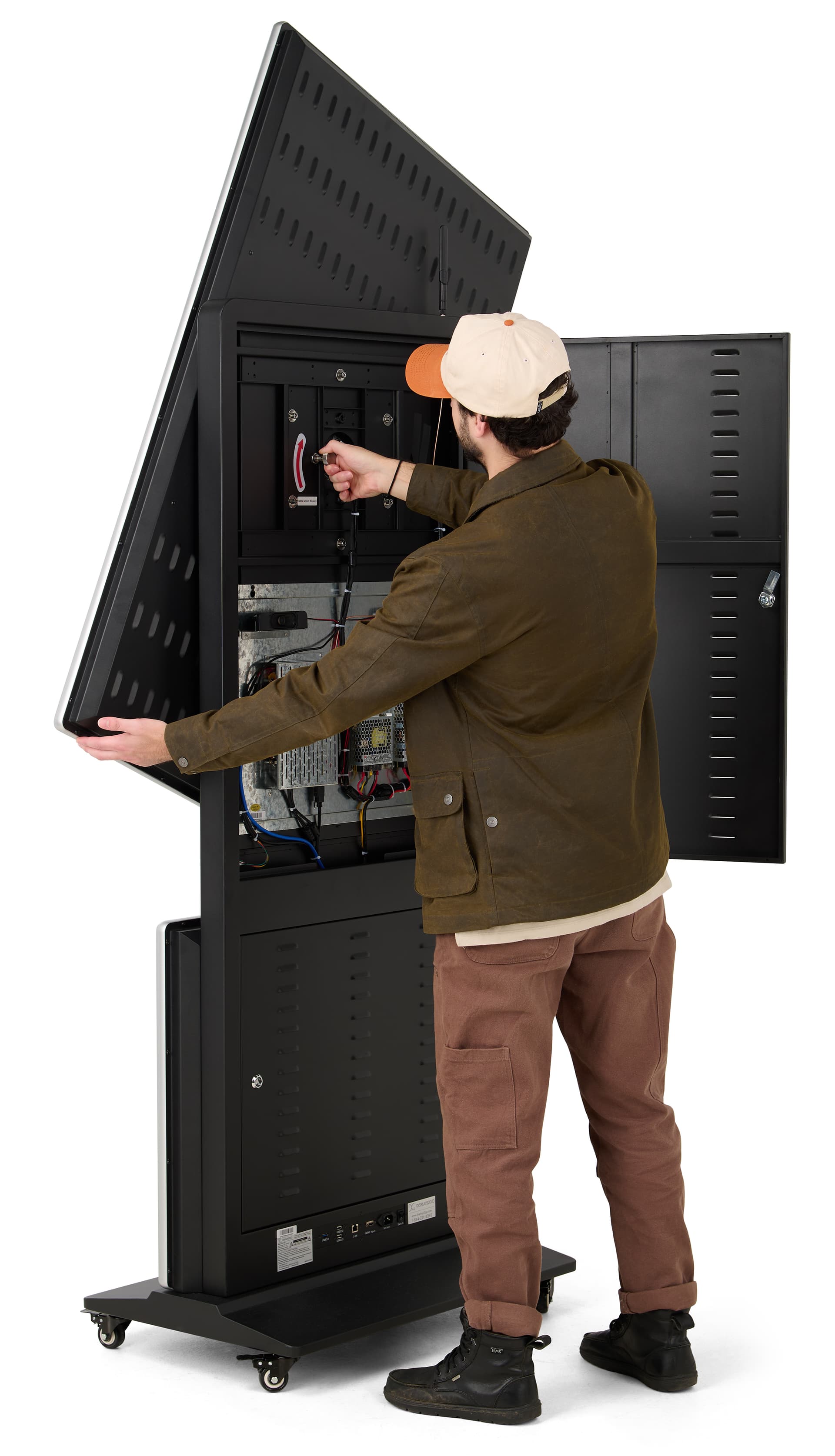 Rotating touch screen digital signage showing someone easily rotating the screen orientation from portrait to landscape