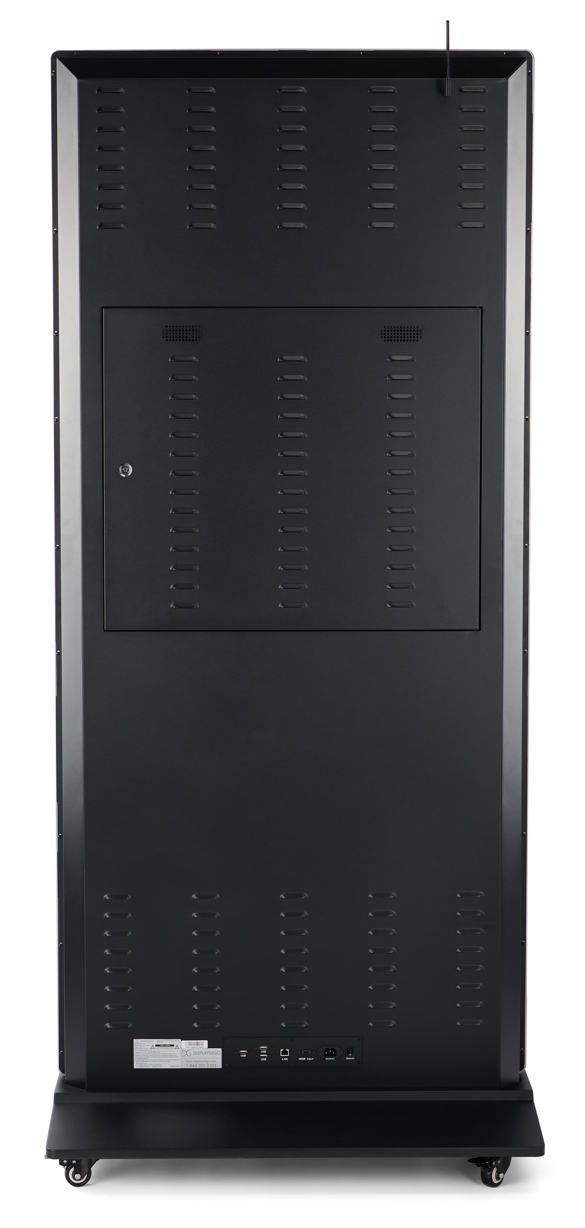 Back image of the advertising multimedia kiosk showcasing the external antenna and ports