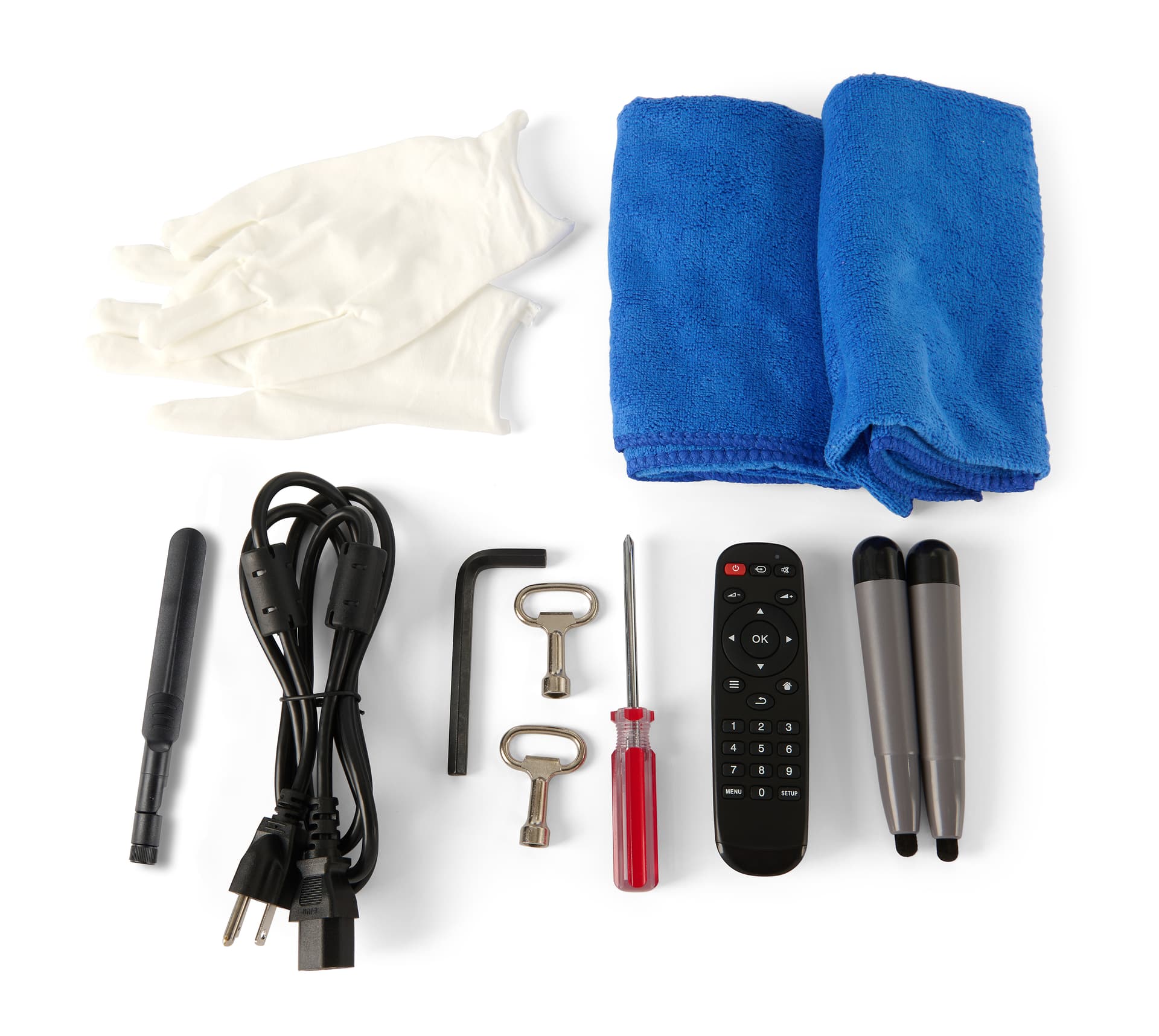 Rotating touch screen digital signage includes a remote, touch screen stylus, antenna, gloves, keys, and microfiber cloth