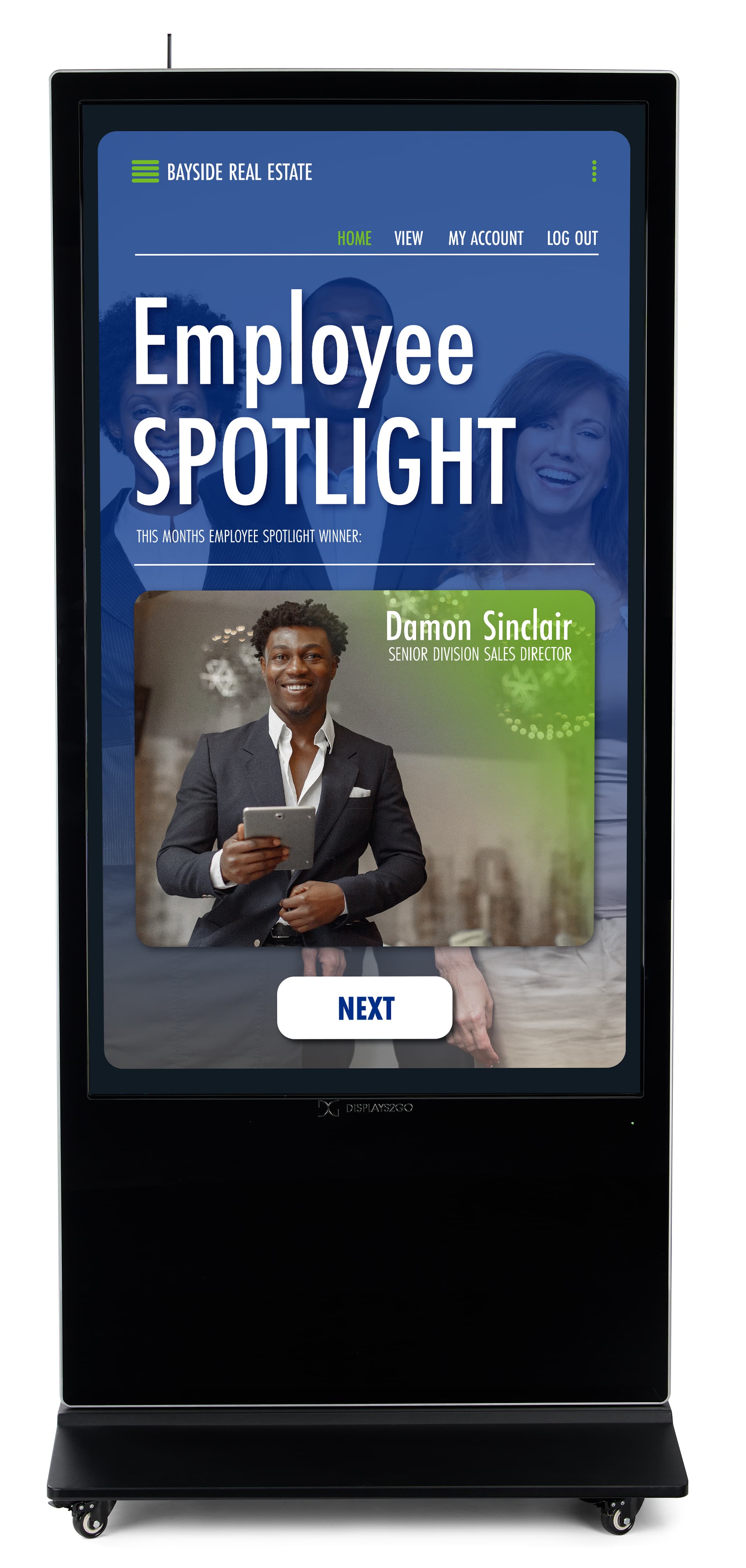 Advertising multimedia kiosk with an interactive graphic of an employee spotlight company announcement 