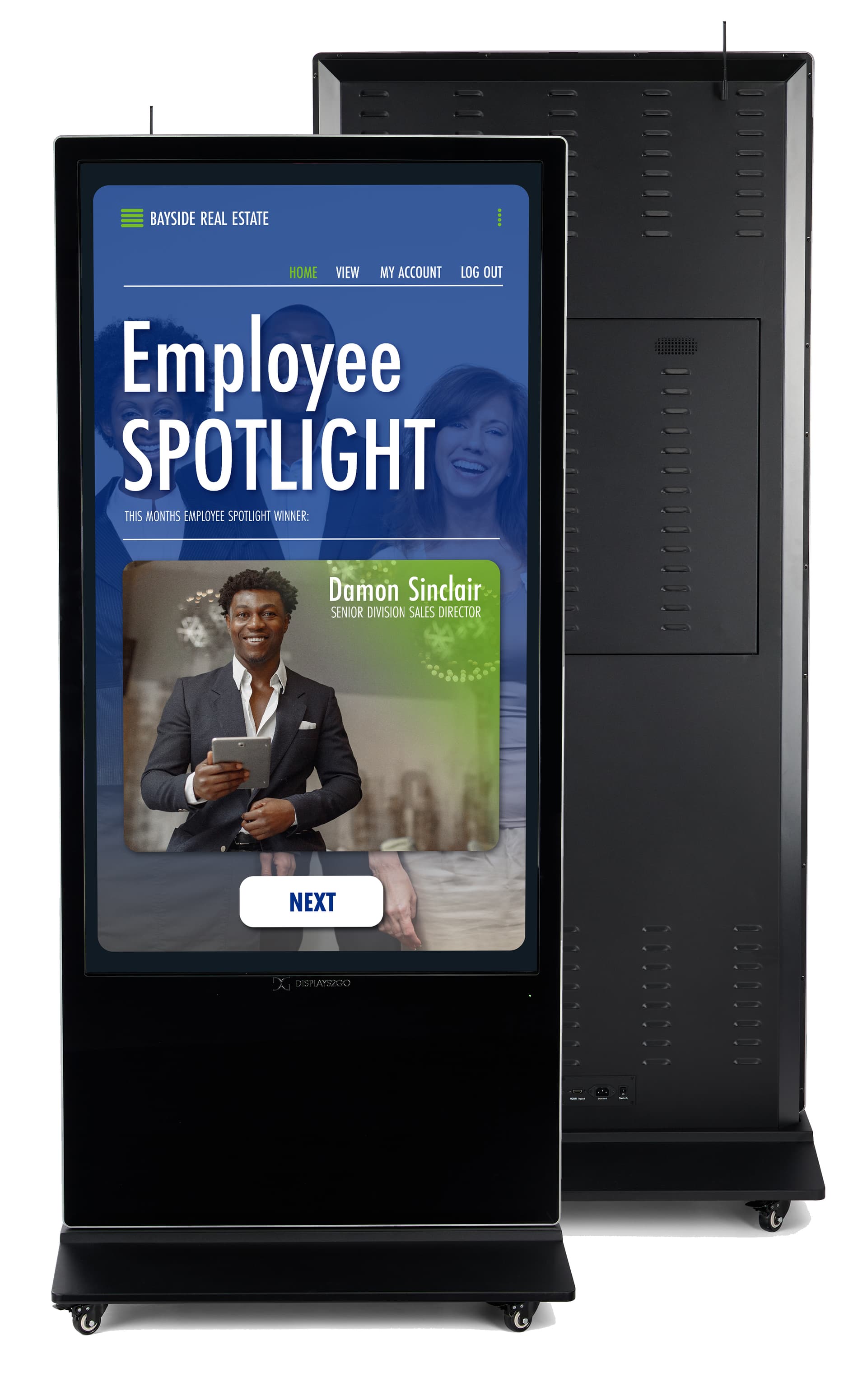 Advertising multimedia kiosk with a vibrant 4K display showcasing a graphic of a cooperate announcement of an employee spotlight