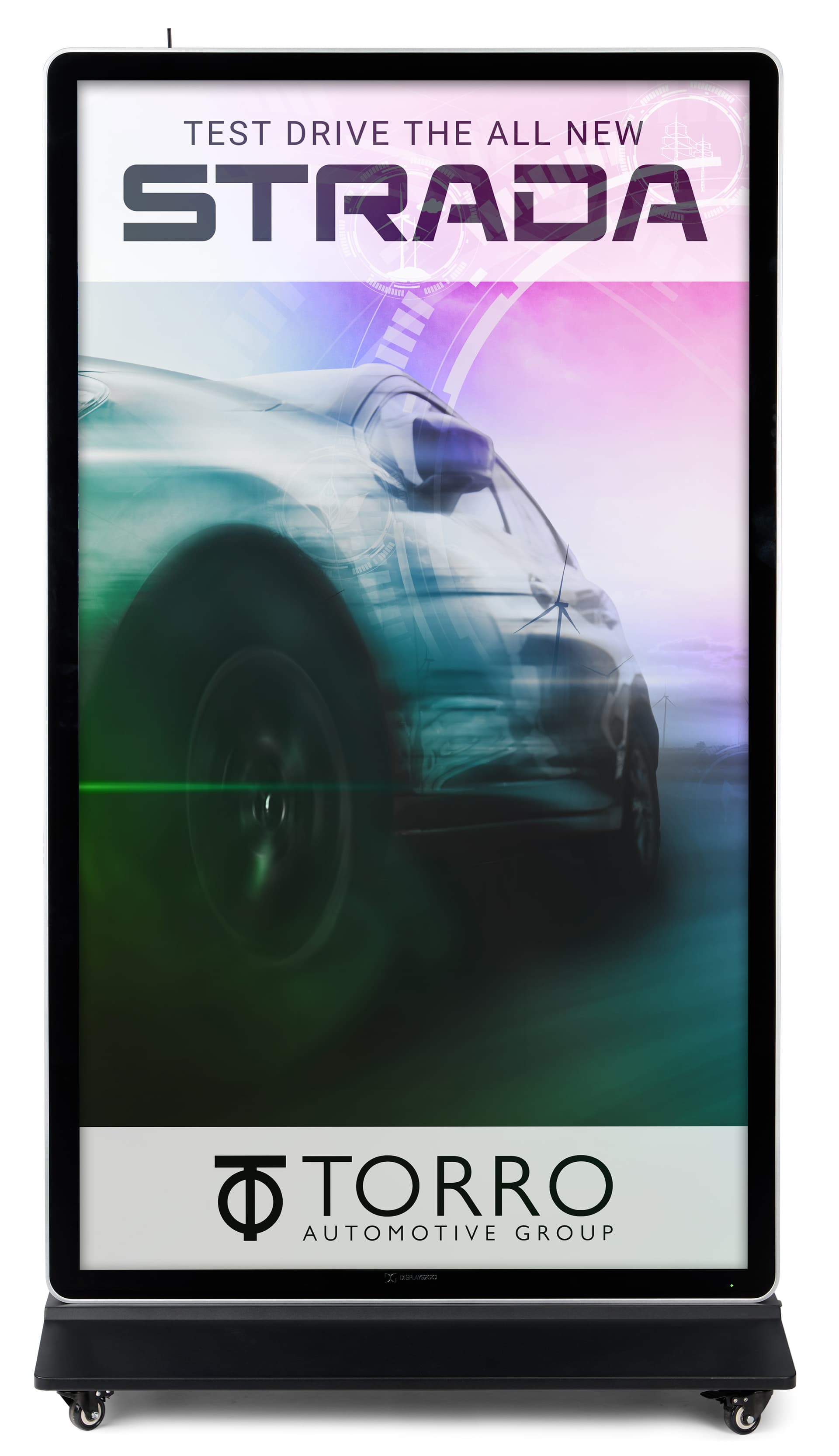 Digital display advertising floor stand showcasing a graphic of a car advertisement for a car company