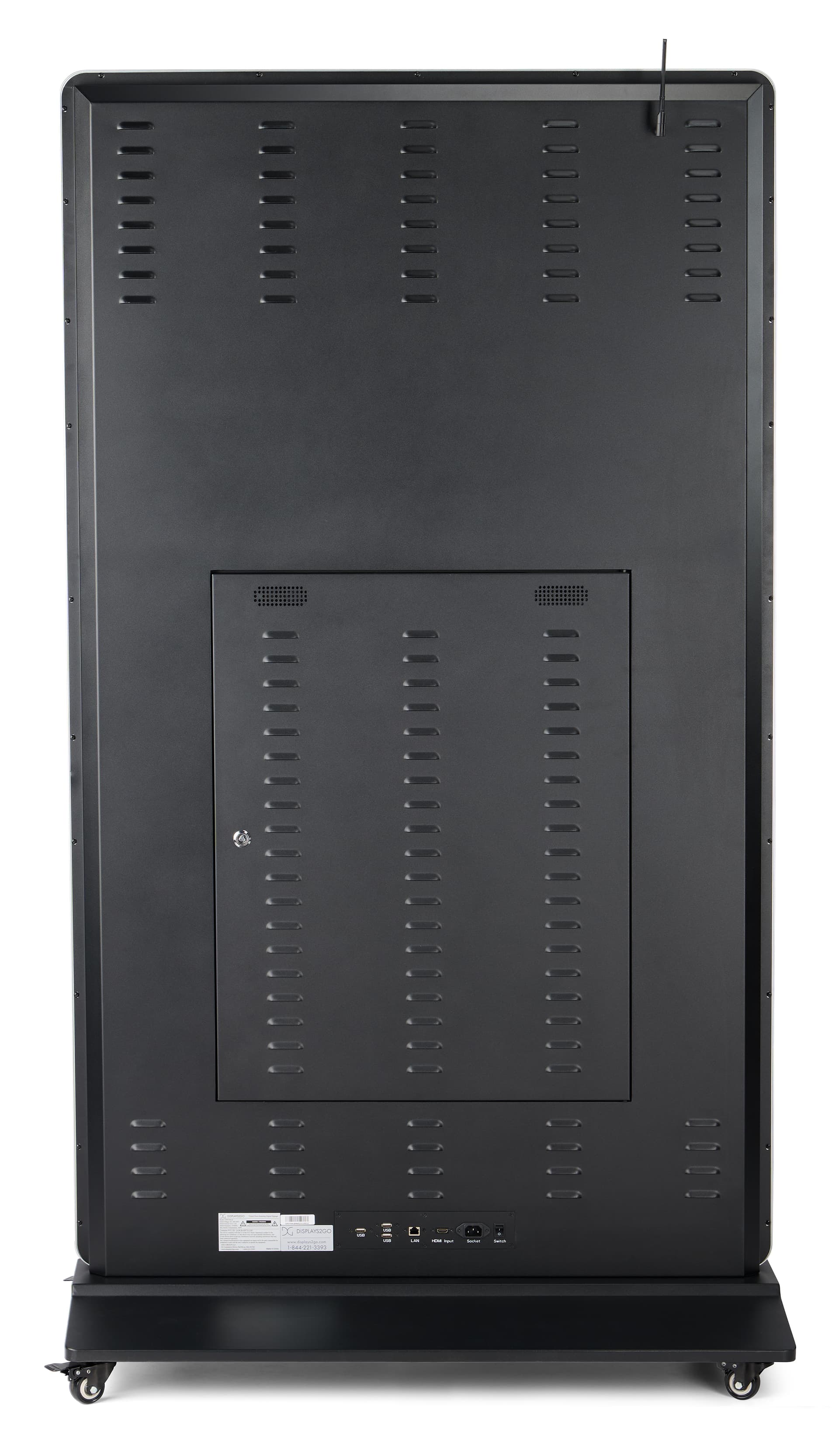 Digital display advertising floor stand showing a back image of the digital unit where the ports are located as well as a lockable access panel for maintenance 