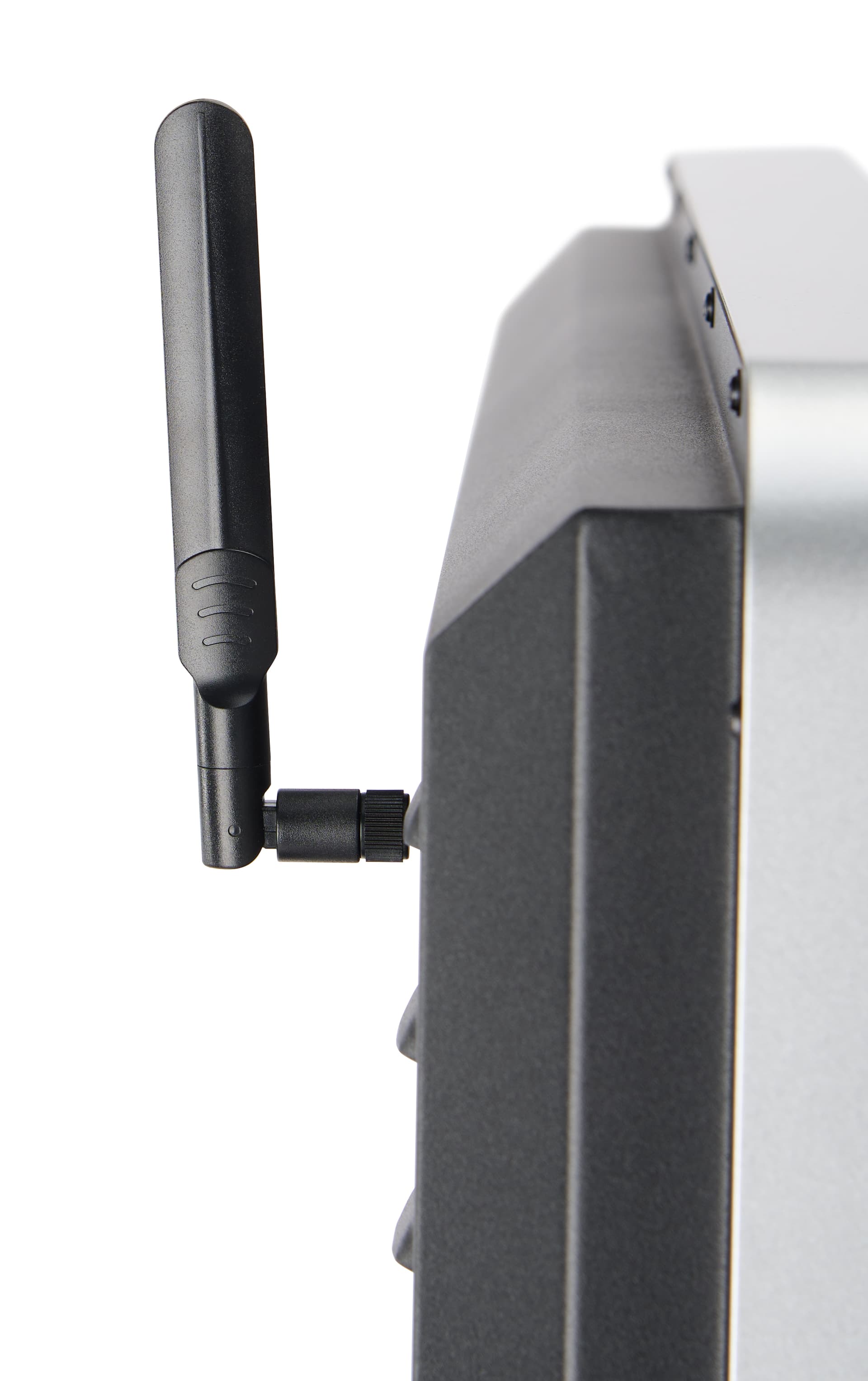 Digital display advertising floor stand with an external flat paddle shaped antenna 