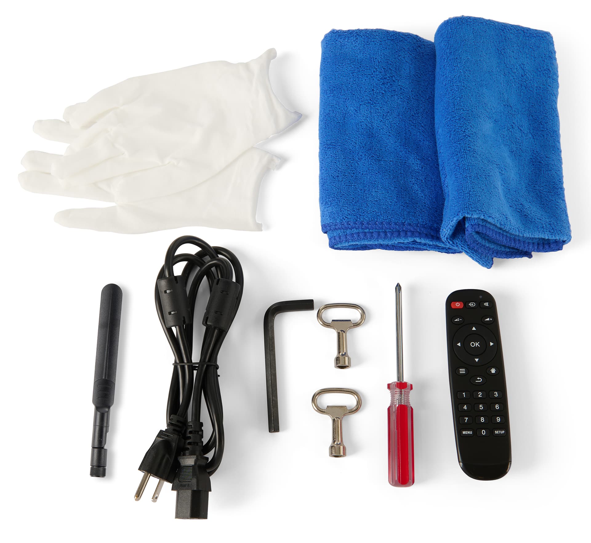 Digital display advertising floor stand with a kit shot that includes an antenna, remote, power cable, tools for assembly, micro fiber towel, and gloves
