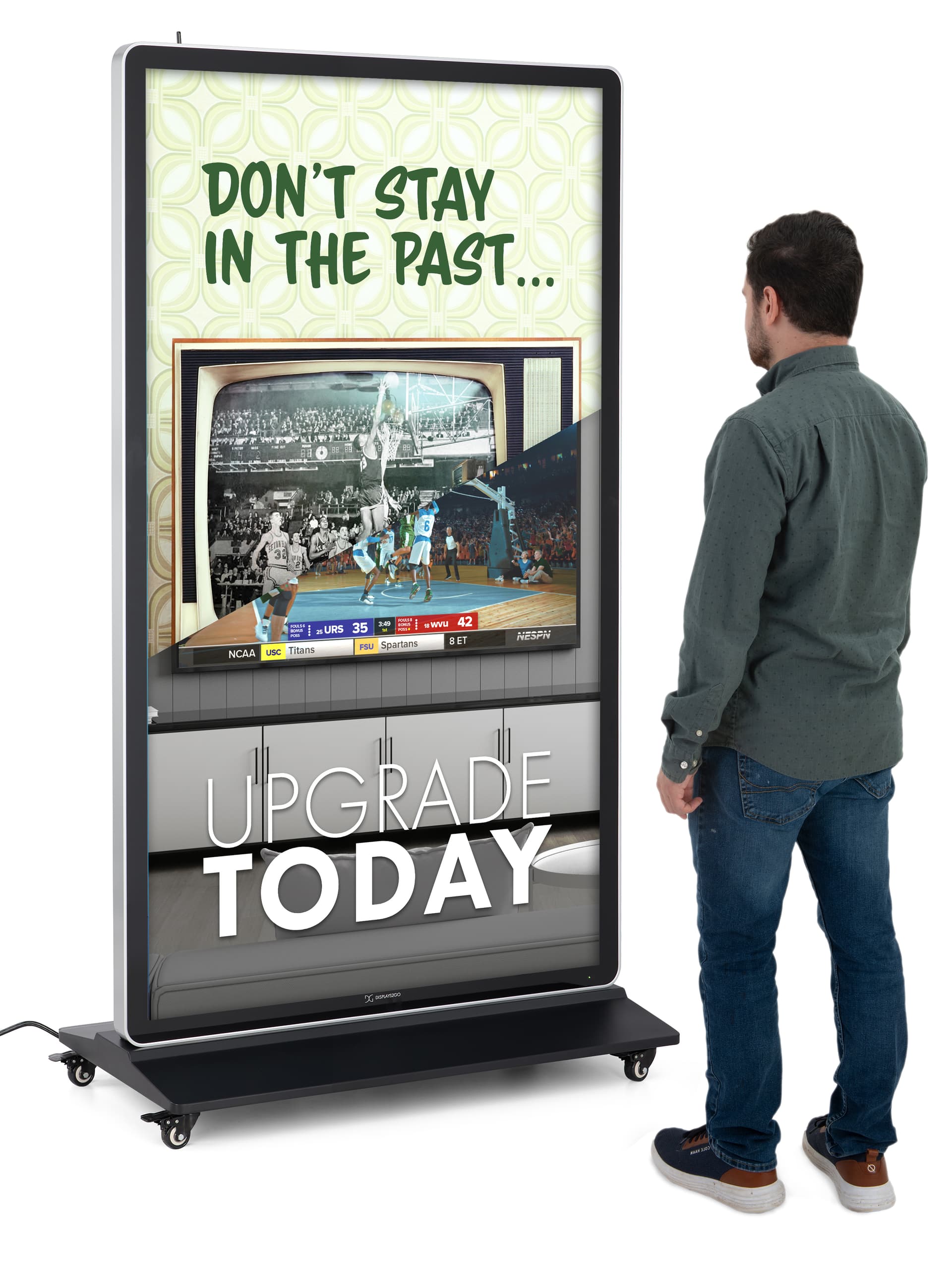 Digital display advertising floor stand with a person standing and looking at the unit standing 71 inches tall with a graphic for a tech store