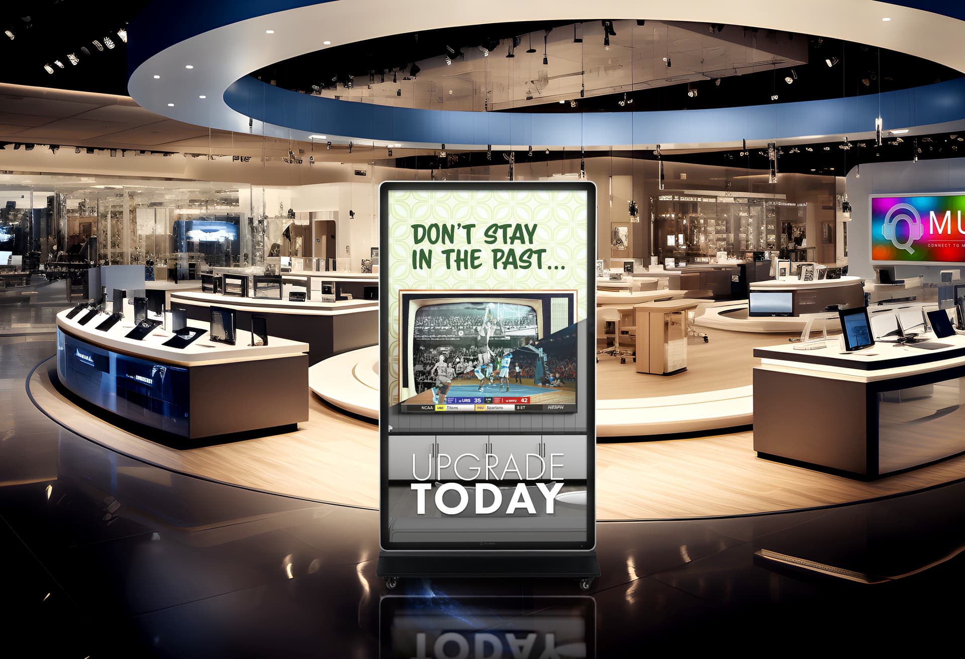 Digital display advertising floor stand standing tall within a tech store showing a visual telling customers to upgrade their old TVs