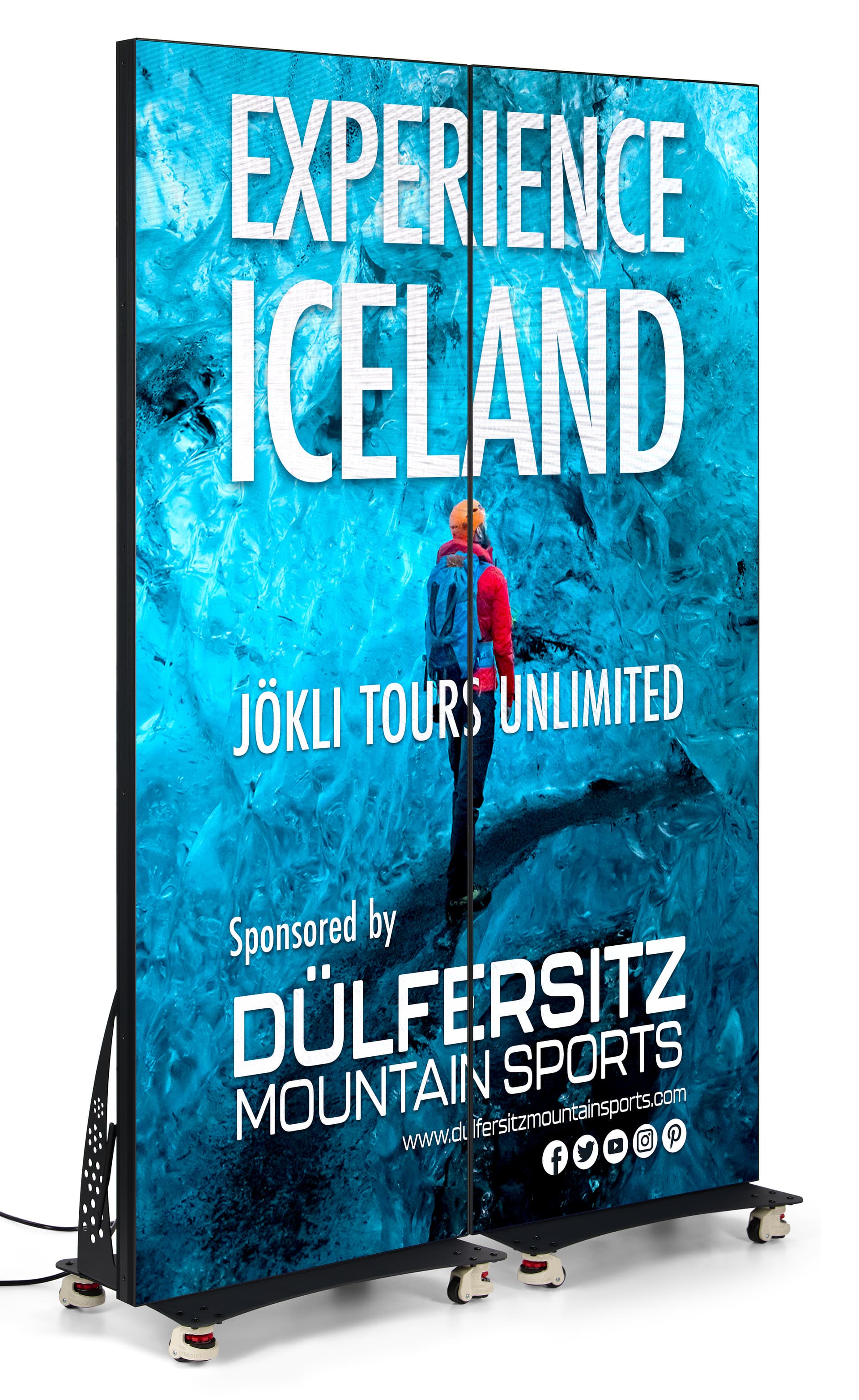 LED Poster Display being daisy chained with another 1.9mm unit showcasing a display for a travel excursion 