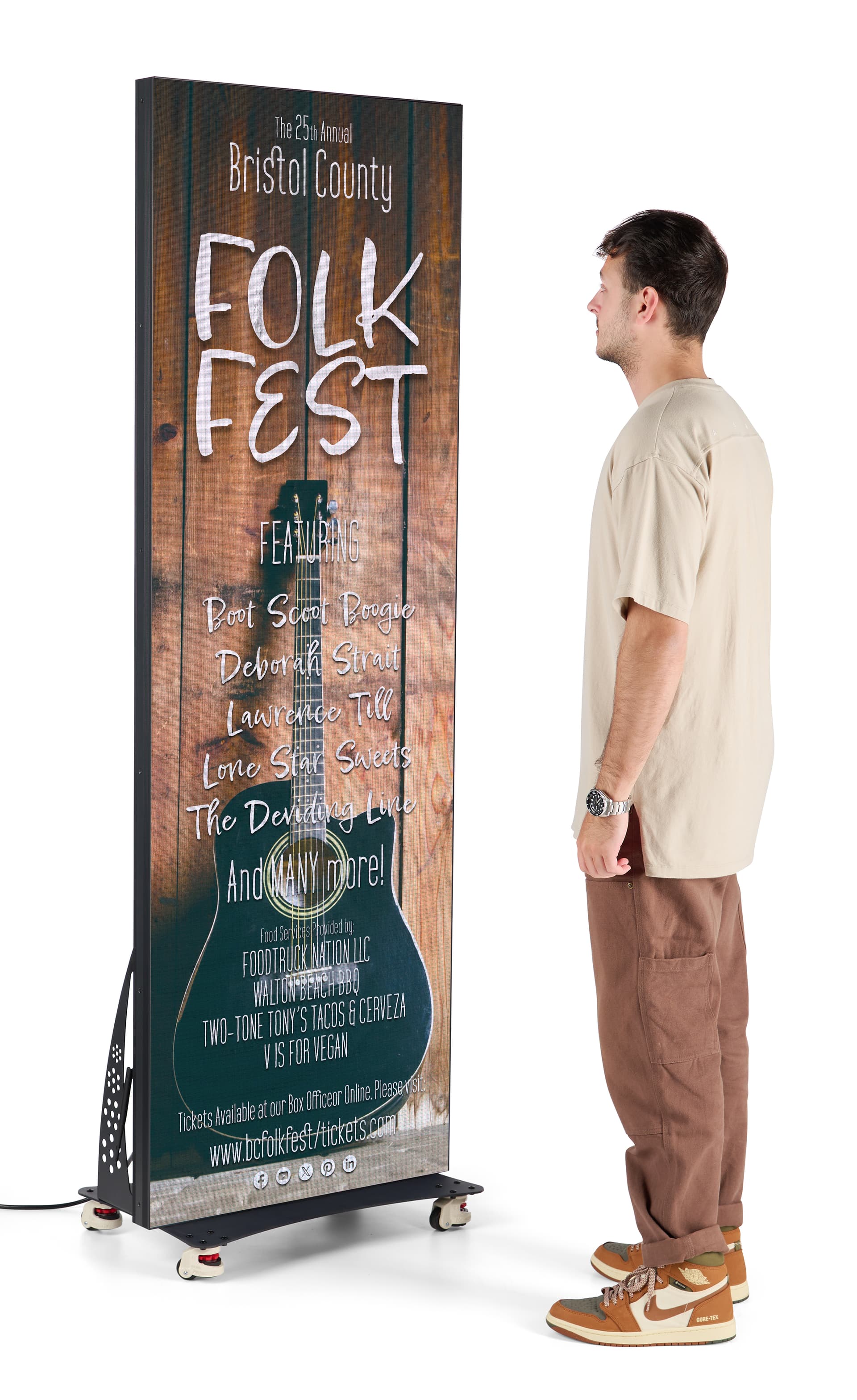 LED Poster Display with an individual standing next to the unit standing at a height of 80 inches tall