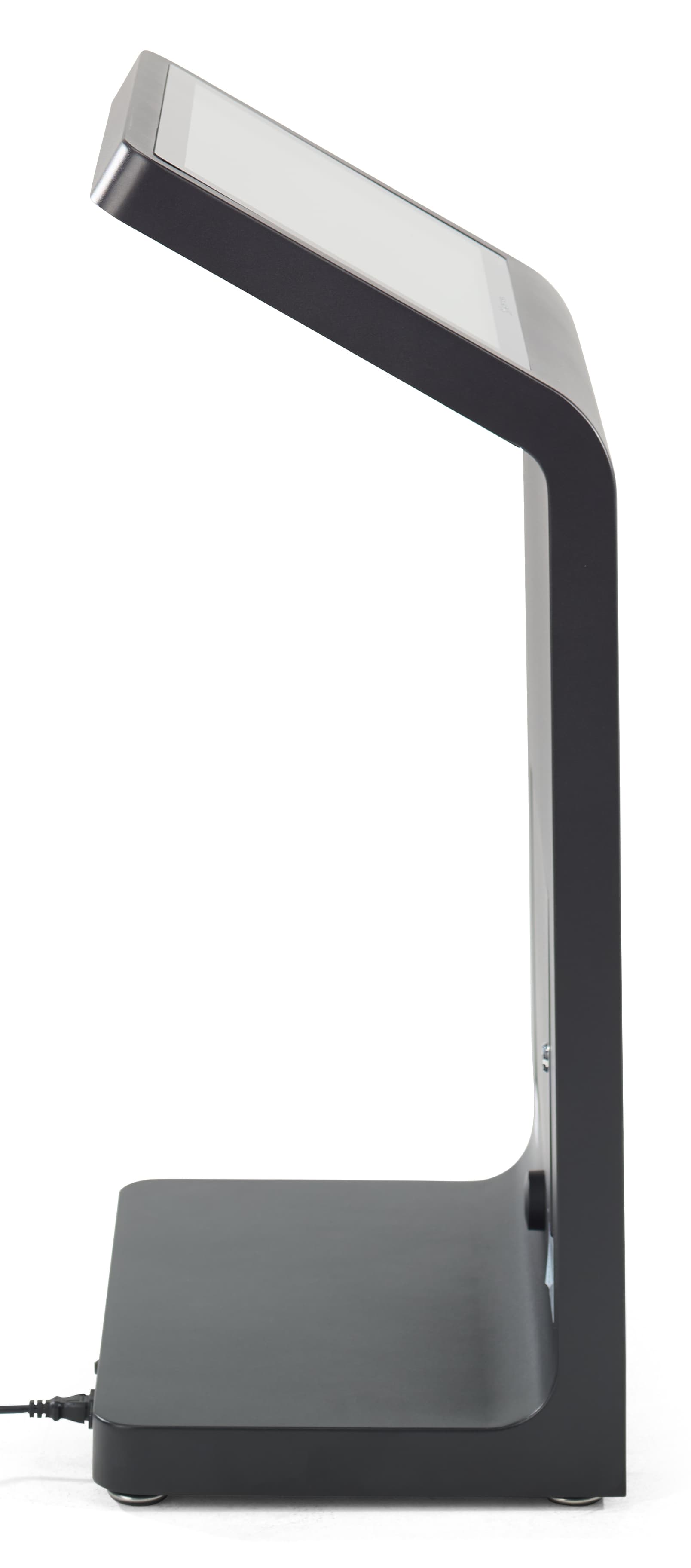 Floor standing touch screen kiosk showcasing its sleek slanted side angle