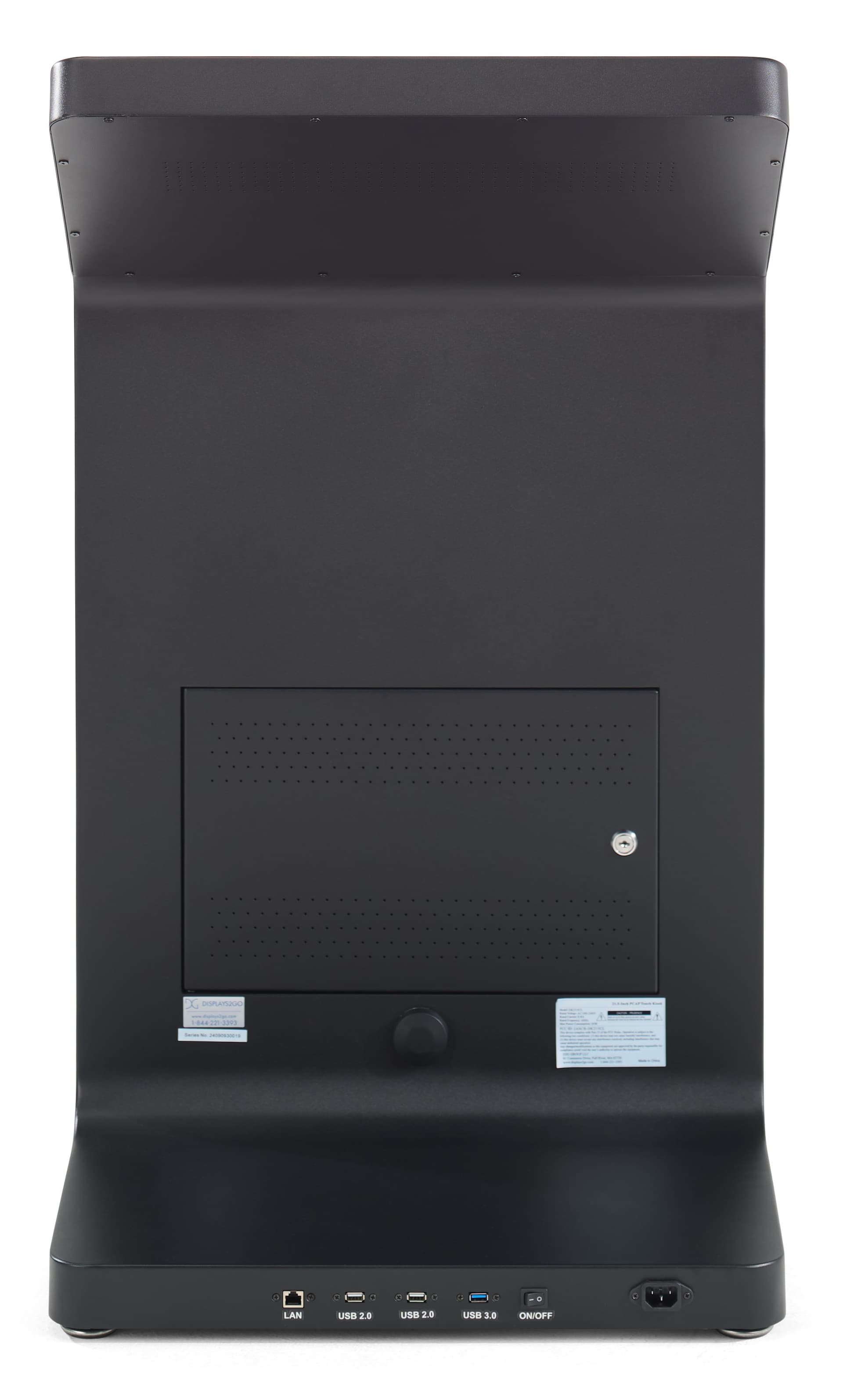 Floor standing touch screen kiosk showcasing the back of the unit where the ports and antenna are located