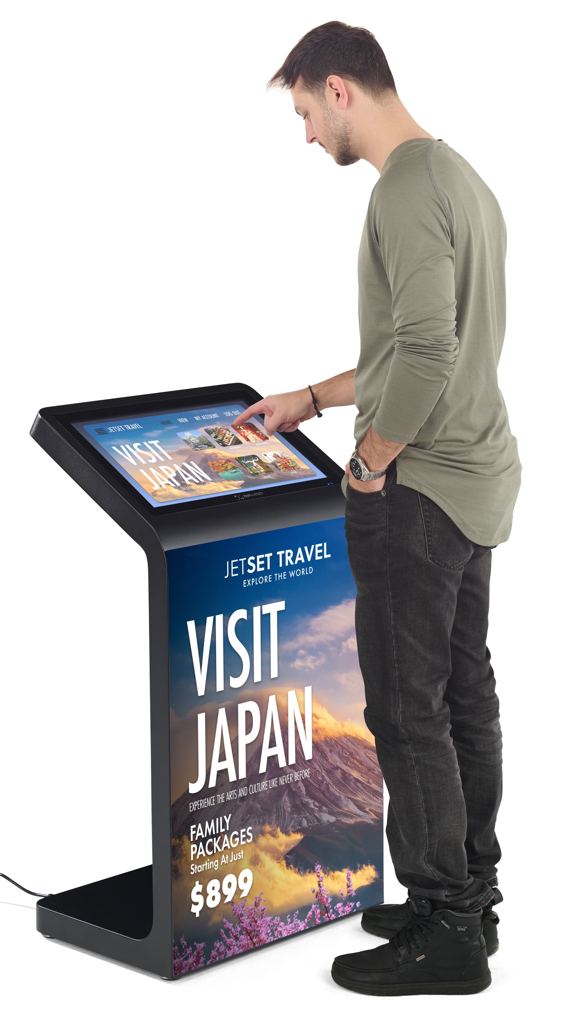 Floor standing touch screen kiosk with an individual interacting with the 39.3 inch tall interactive unit