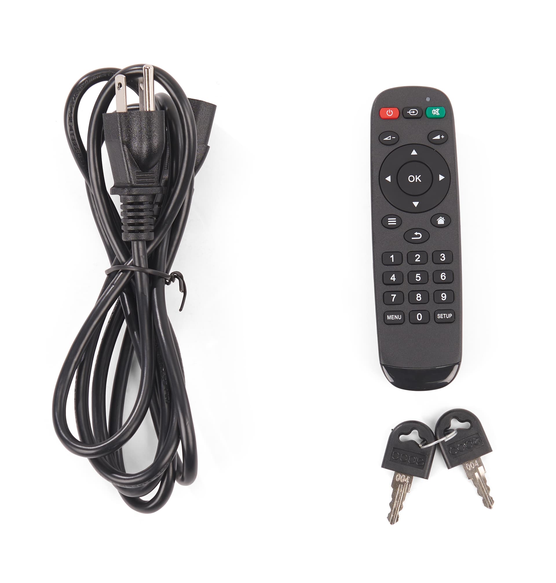 Floor standing touch screen kiosk with included remote, keys, and power cord