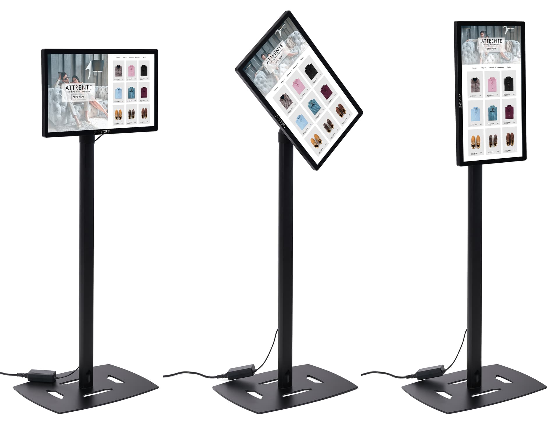 Commercial touch screen display with rotating floor standing mount allowing to change from landscape to portrait with ease
