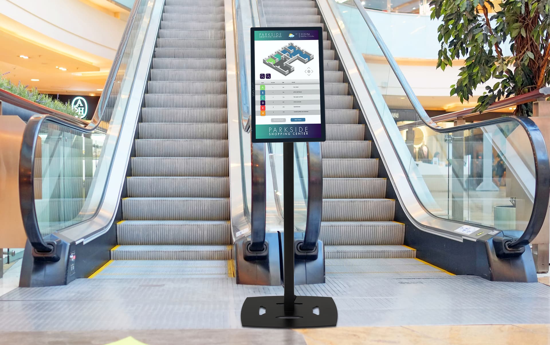 Commercial touch screen display being utilized in a mall for wayfinding