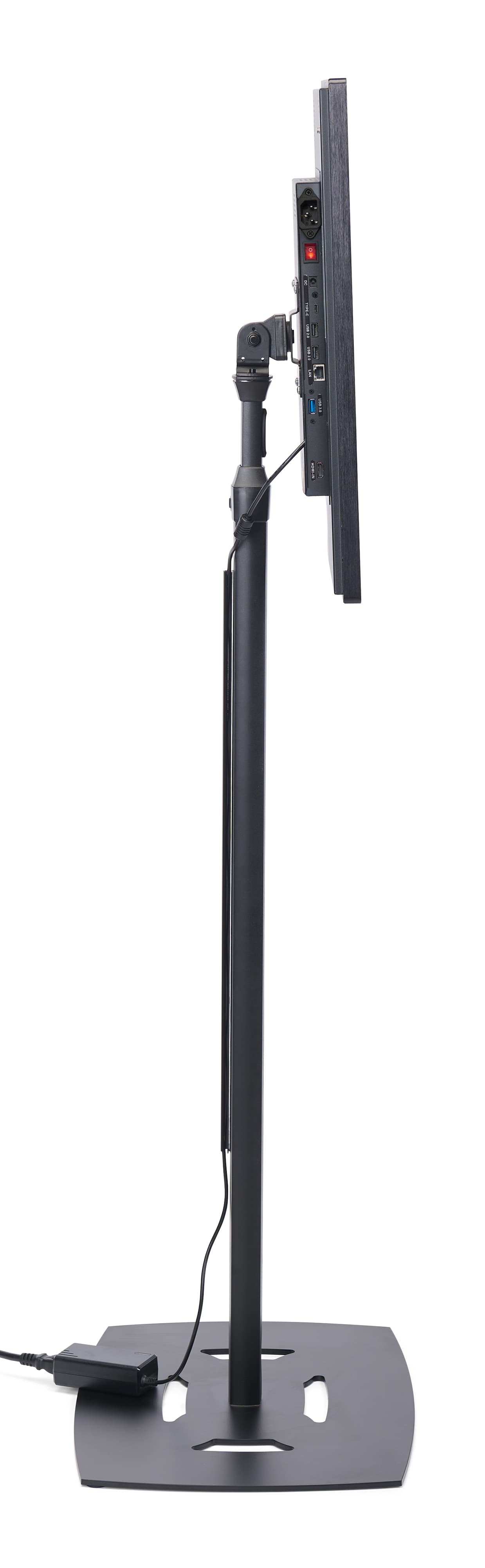 Commercial touch screen display showcasing the sleek side angle with ports visible 