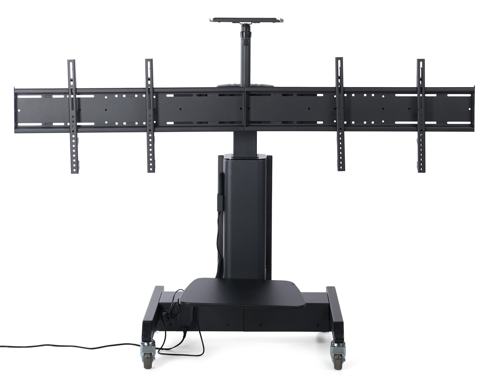 Motorized double screen floor standing being showcased without any screens mounted 
