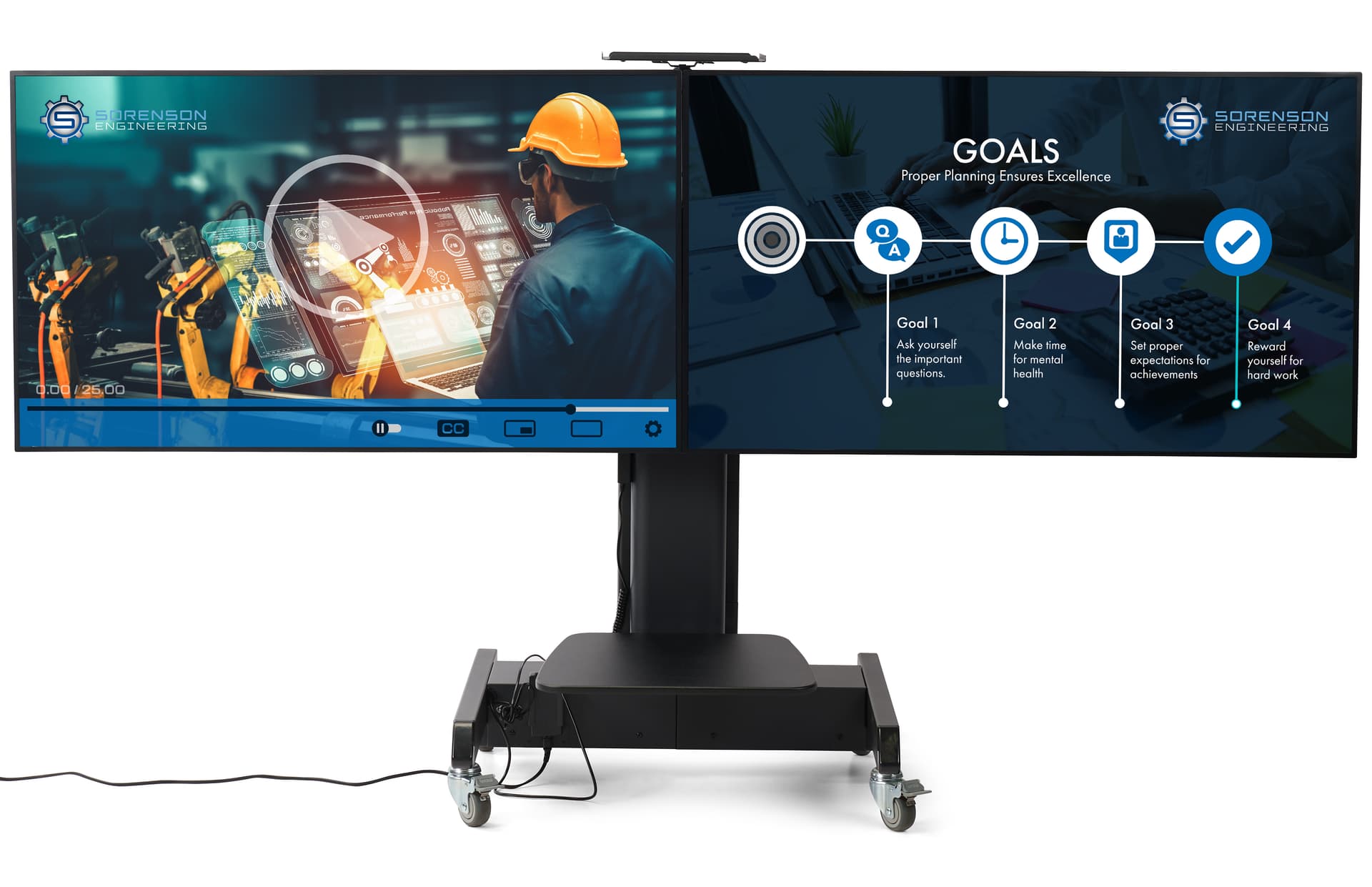 Motorized double screen floor standing with two 55 inch screens mounted side by side