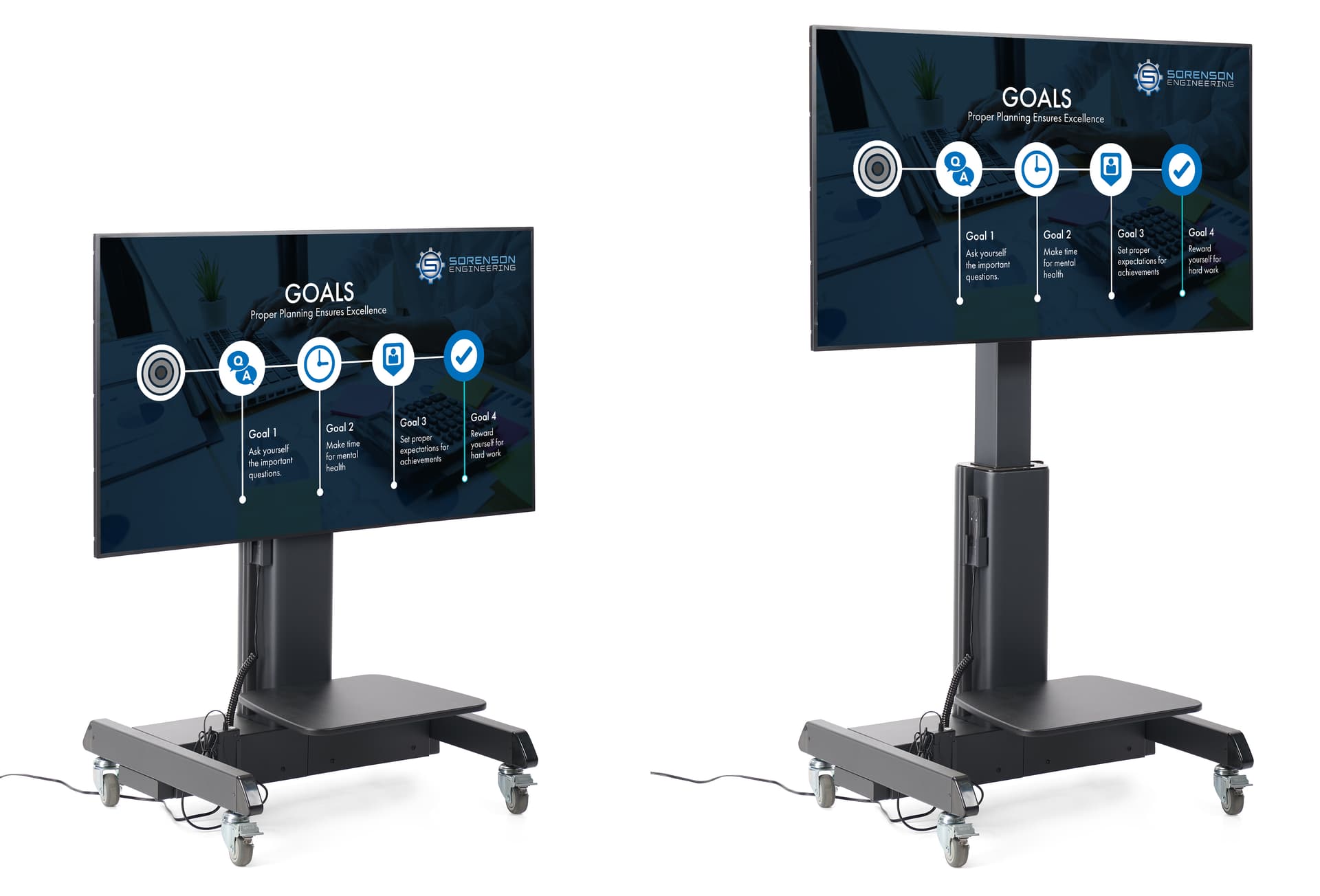 Motorized height adjustable tv stand with the stands being shown at minimum and maximum height differences