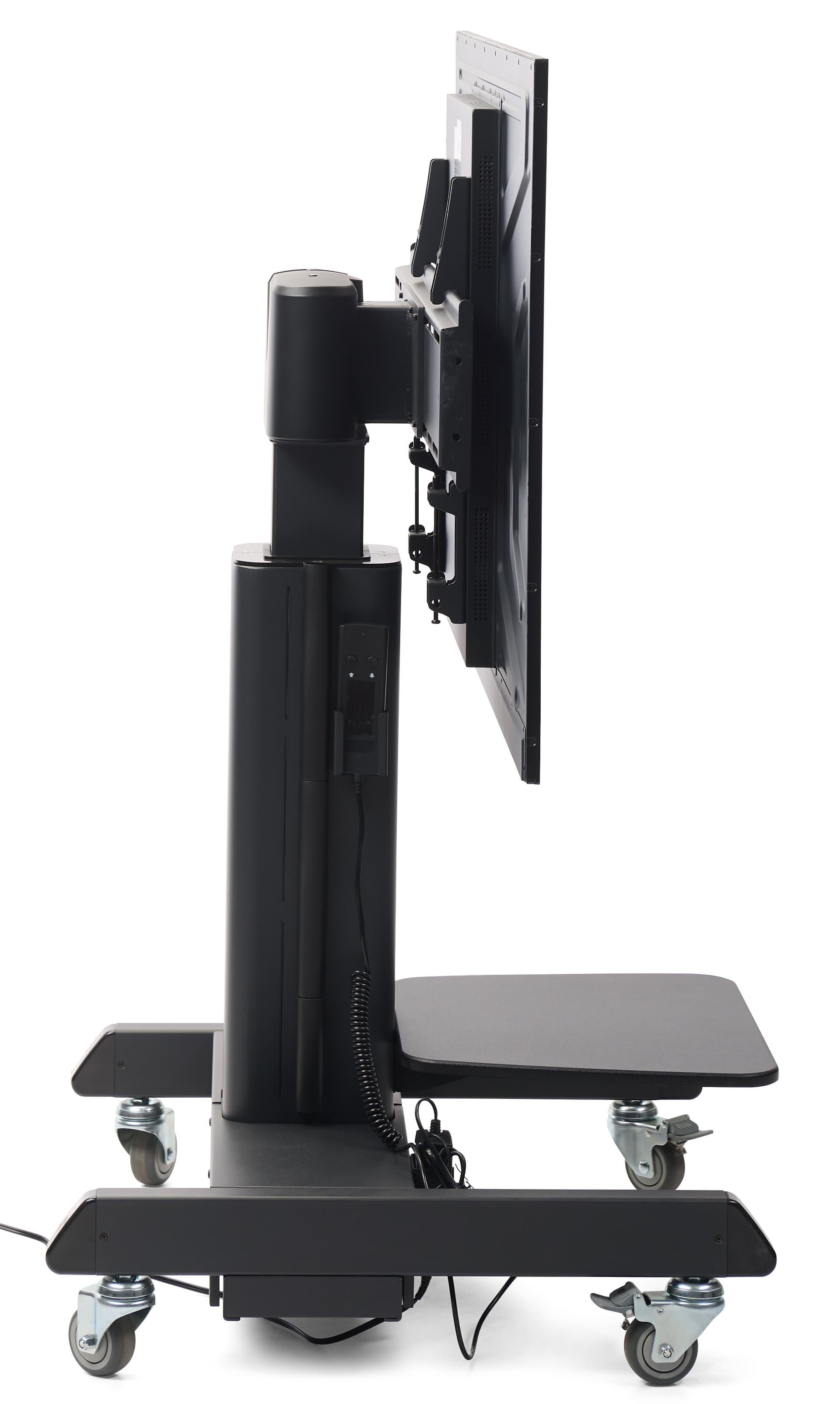 Motorized height adjustable tv stand with side angle shown