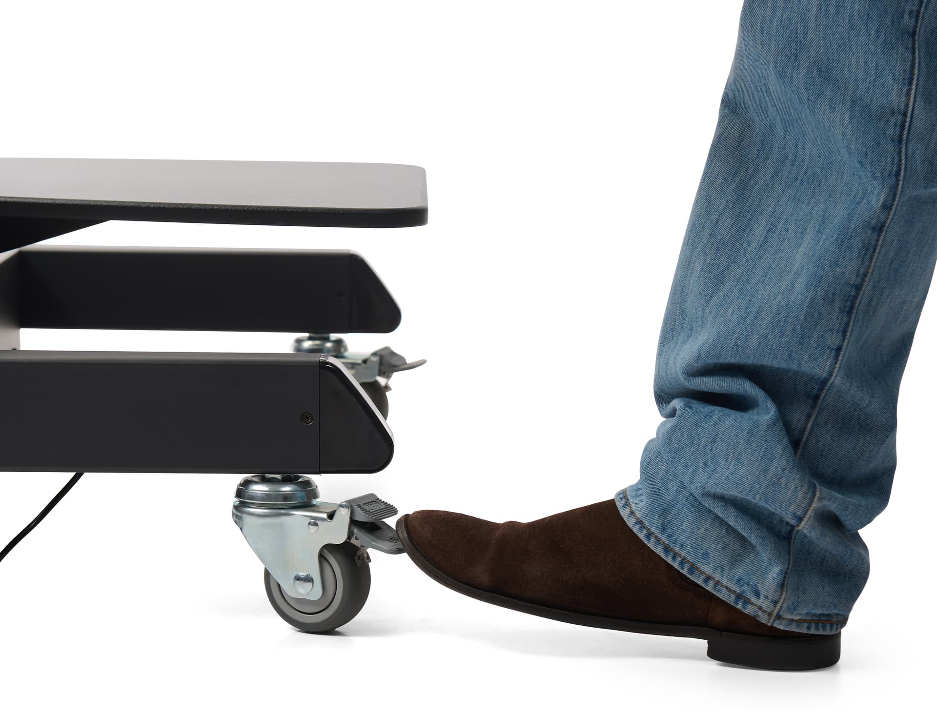 Motorized height adjustable tv stand with an individual locking the caster wheels