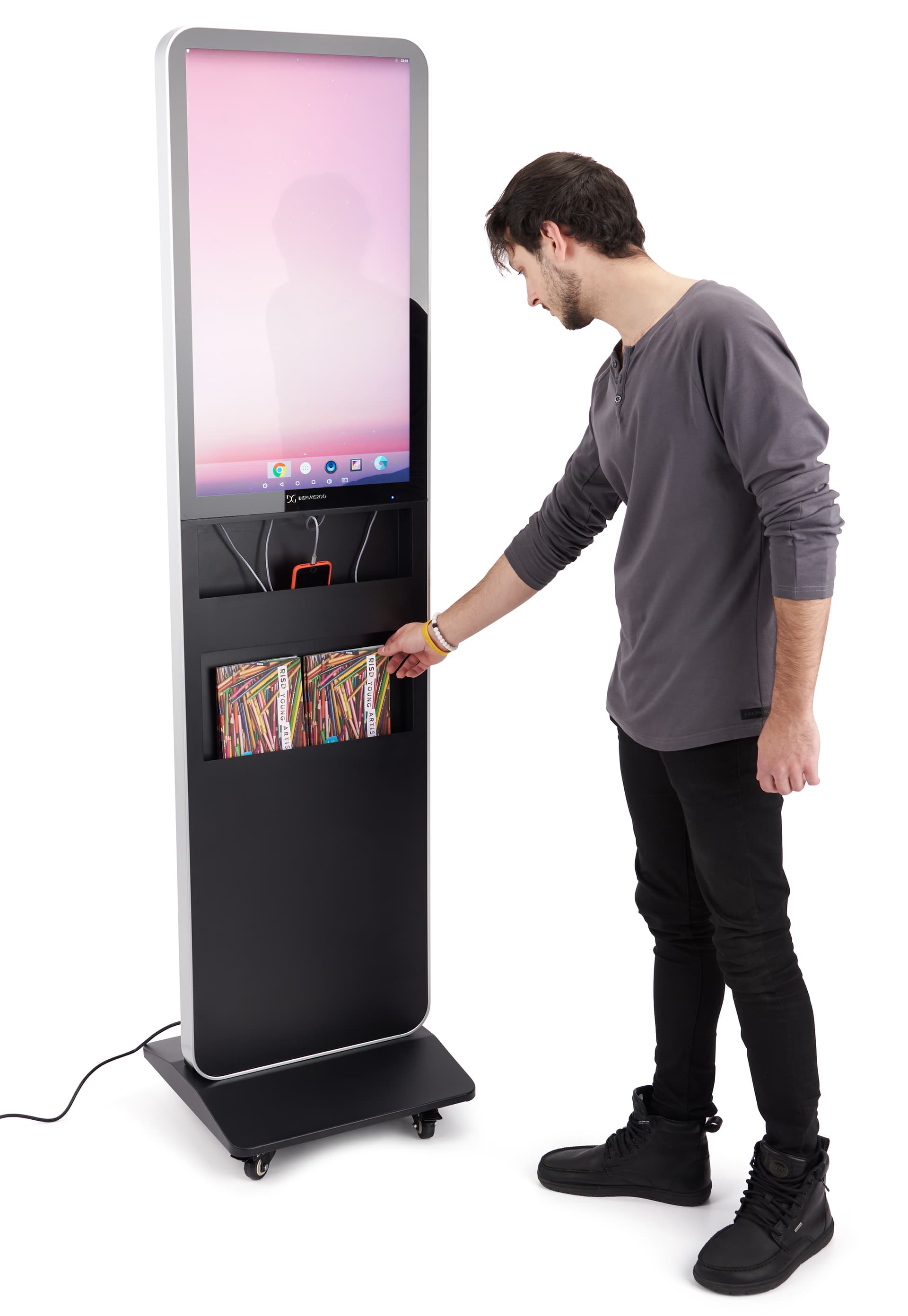 This charging digital literature display with one magazine rack
