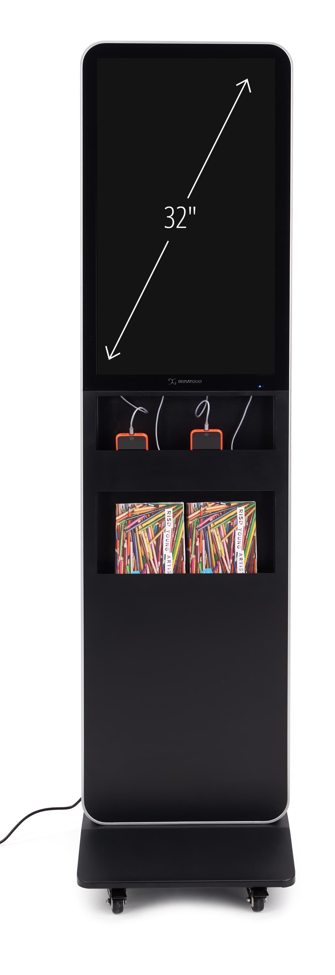 This charging digital literature display with a 32 inch wide glass screen