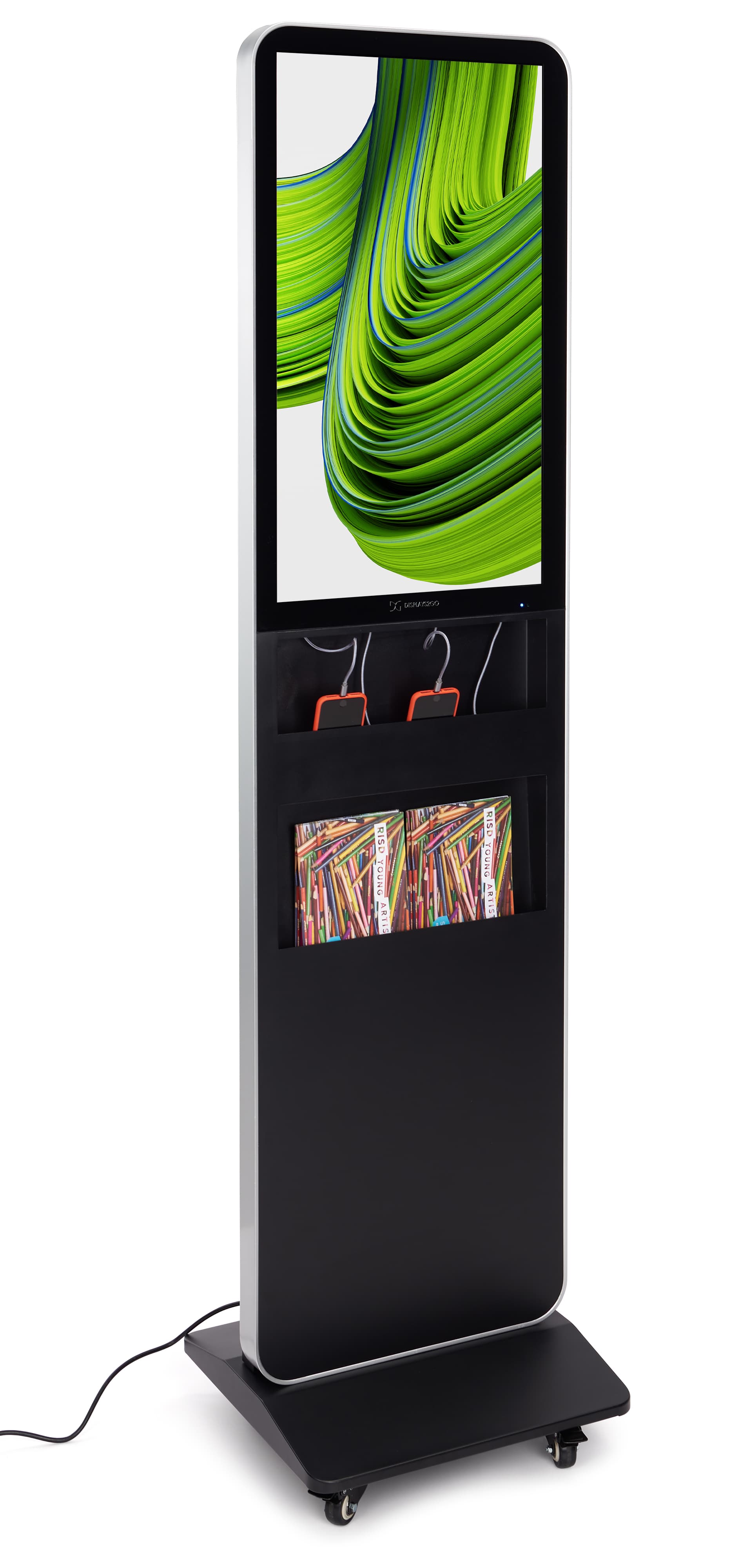 This charging digital literature display with integrated speakers