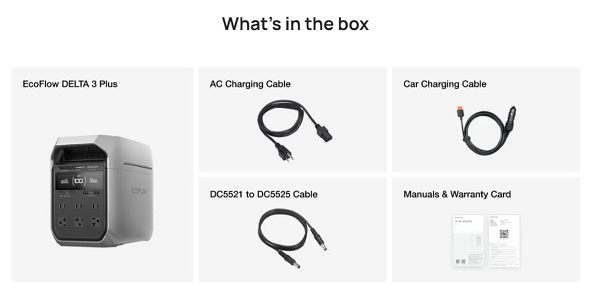 Rechargeable power supply comes with included kit that includes AC charging cable, car charging cable, and solar cables
