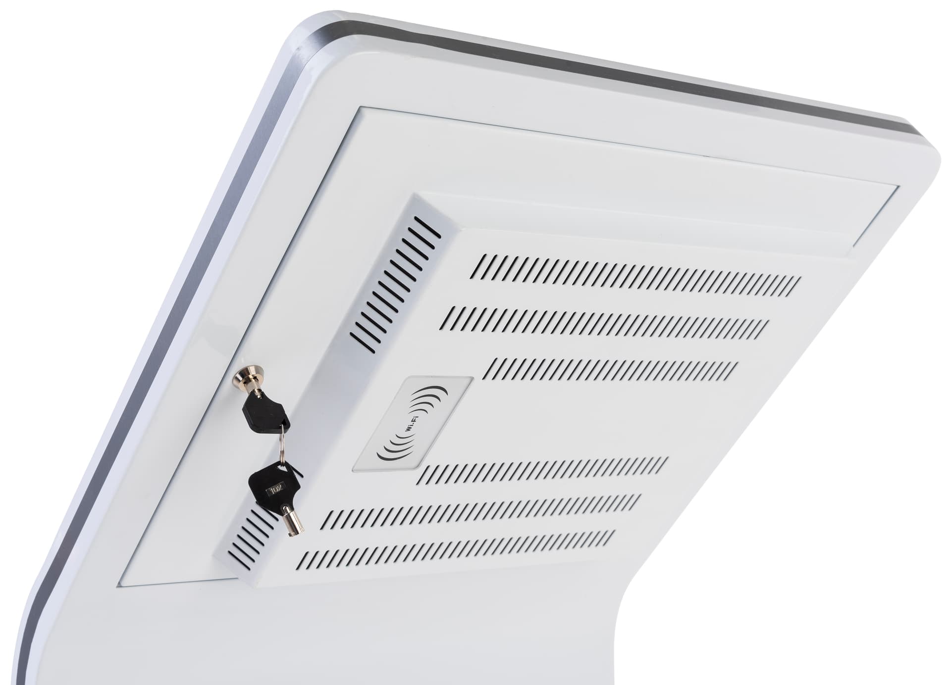 Touch screen interactive kiosk with camera features lockable connectivity enclosure 