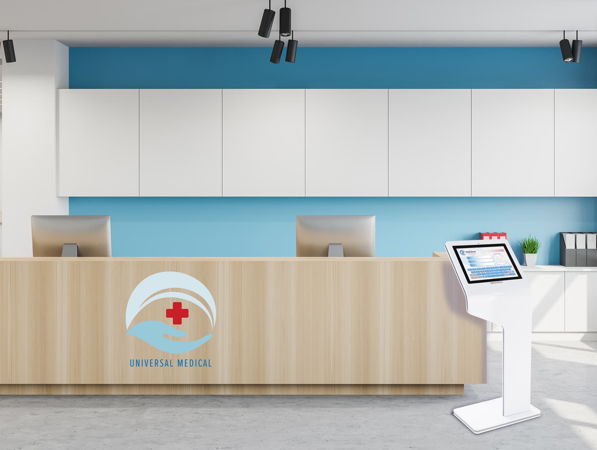 Touch screen interactive kiosk with camera and weighted base 
