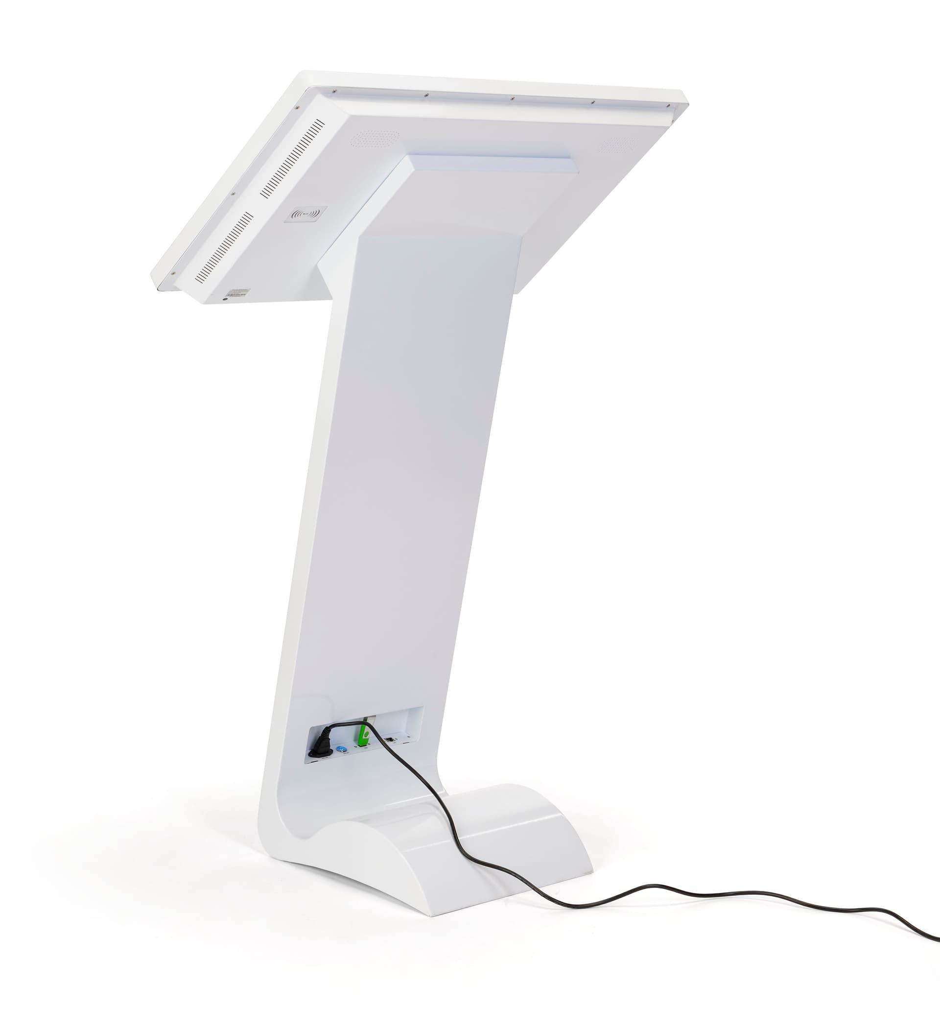 White touch screen monitor kiosk features a sleek metal design