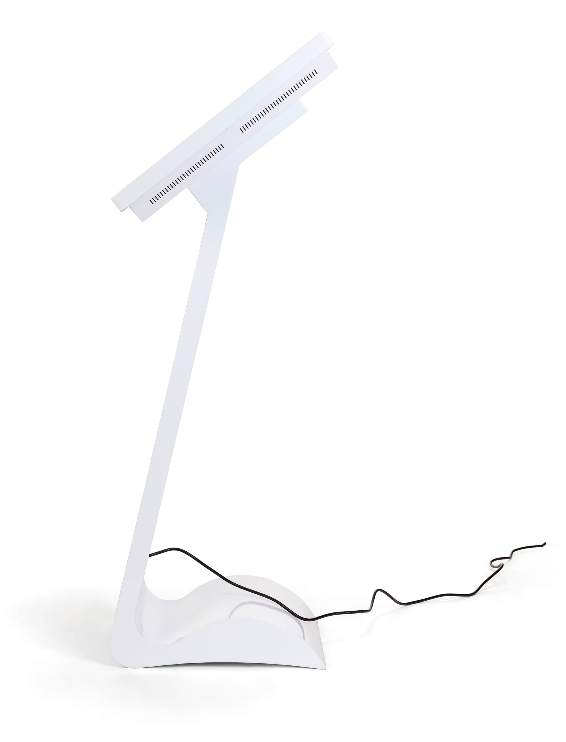 White touch screen monitor kiosk has slanted screen easy of customer viewing