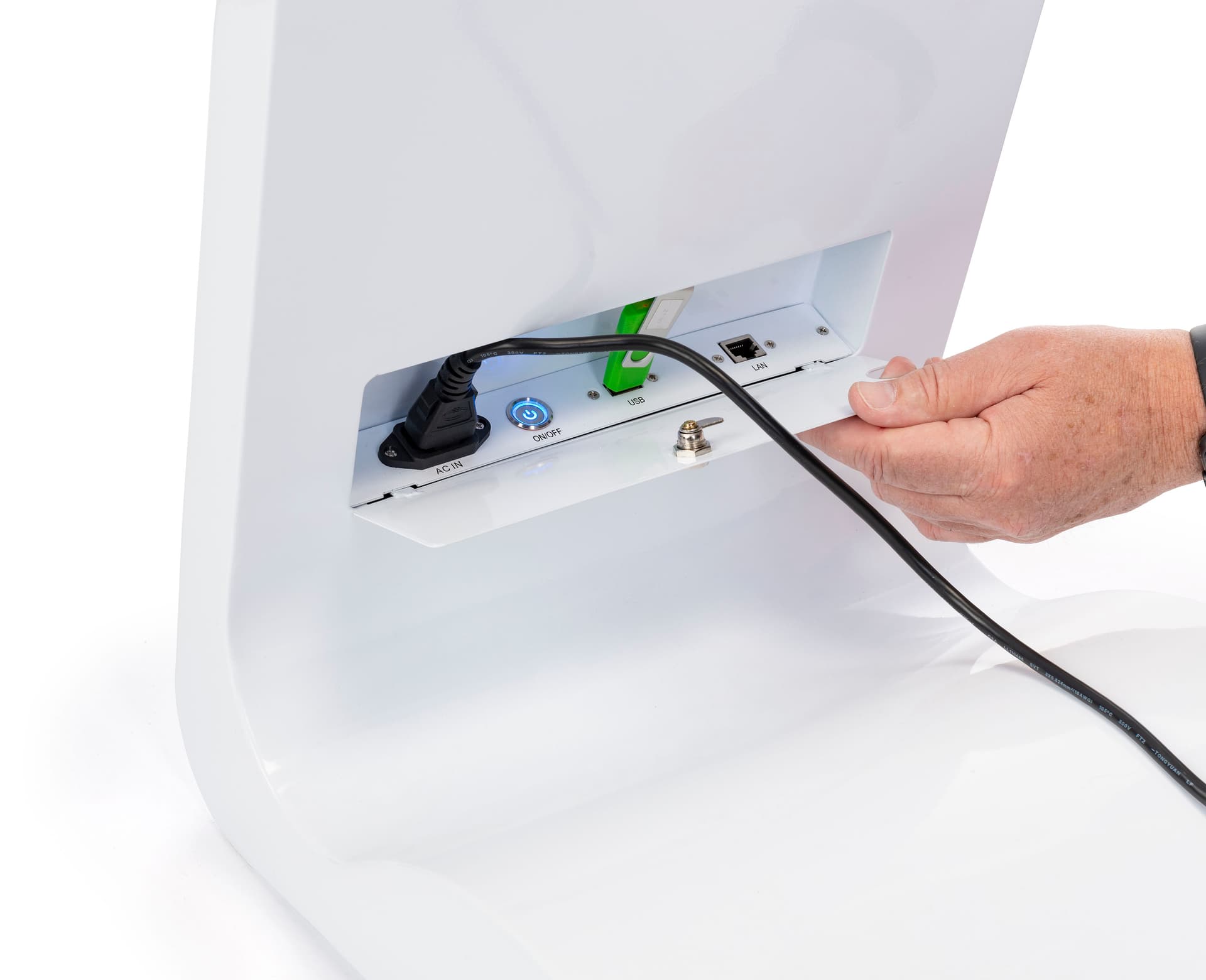 White touch screen monitor kiosk with USB port for plug and play