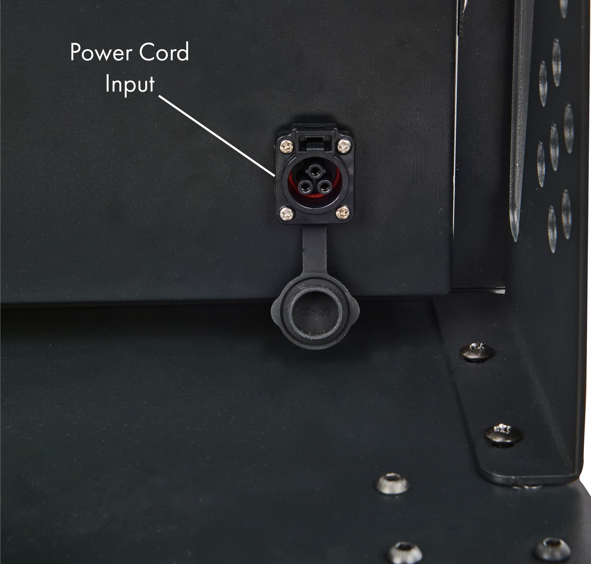 LED poster display showcasing the power cord input with rubber gasket to keep dust out of
