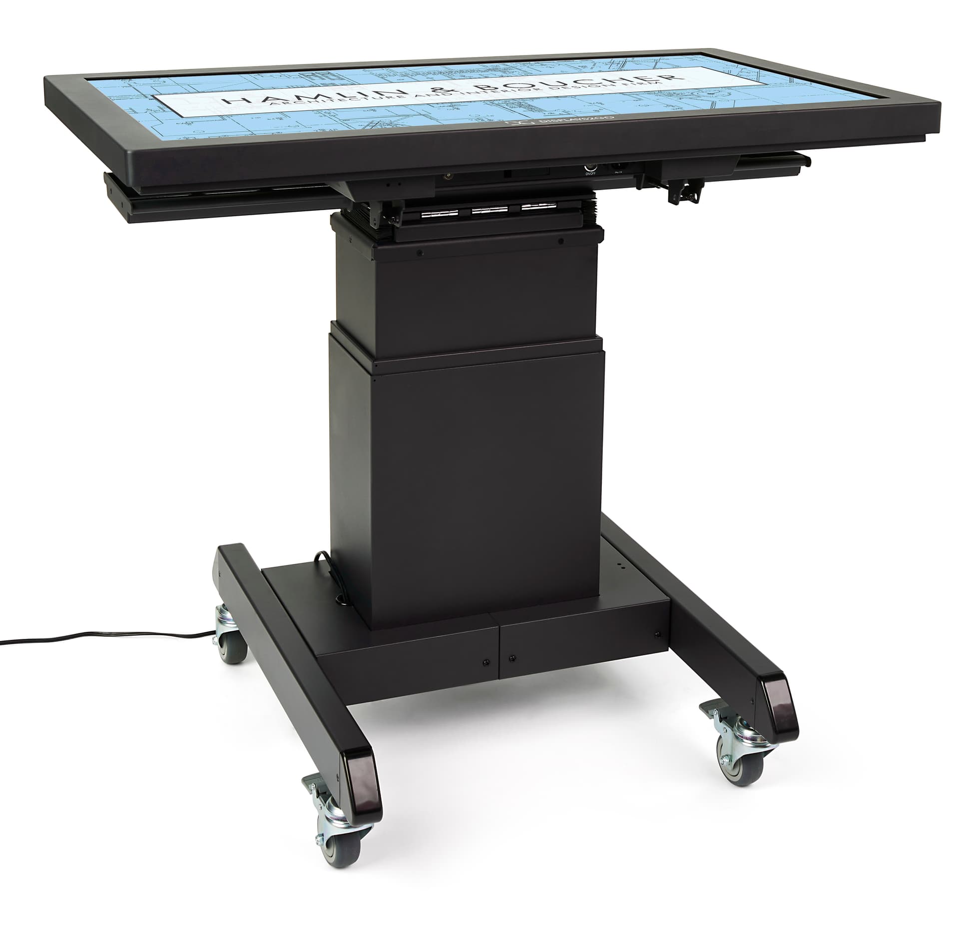 Tilting mobile flat panel stand with kiosk and table display positions 