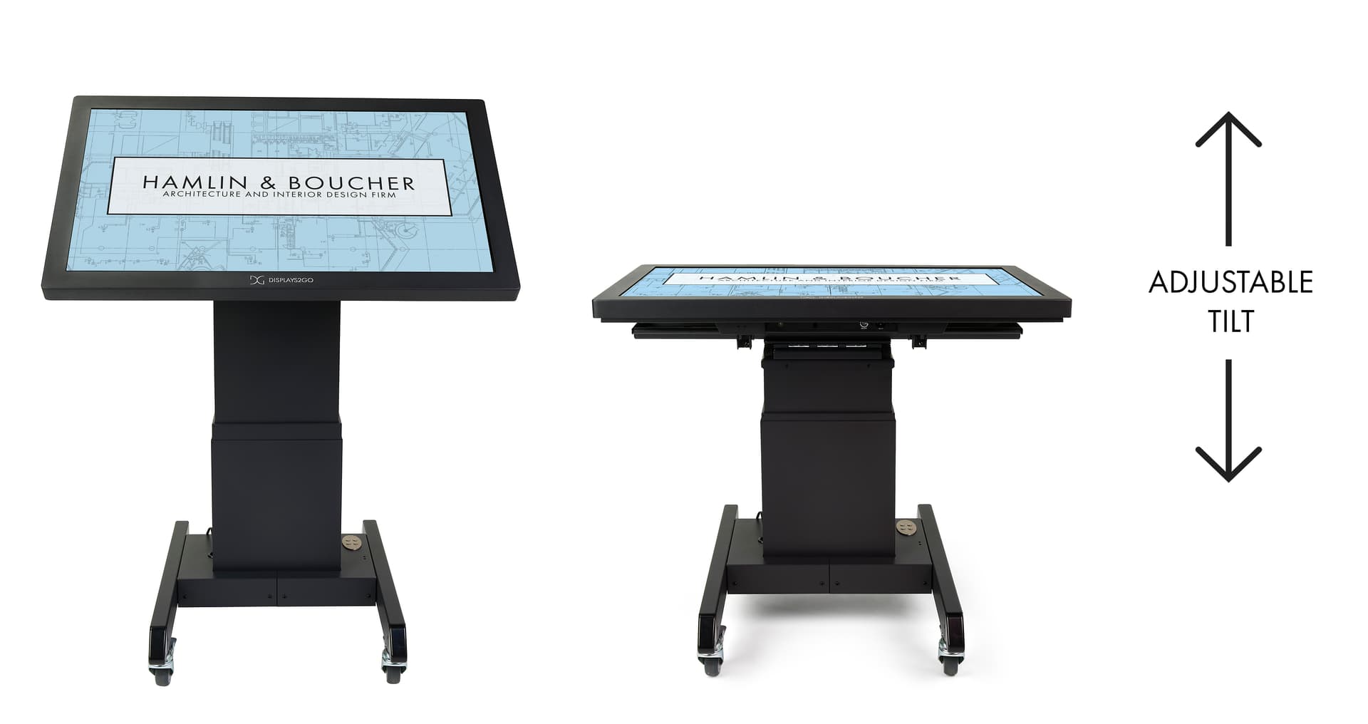 Tilting mobile flat panel stand features up to 90 degree viewing angle